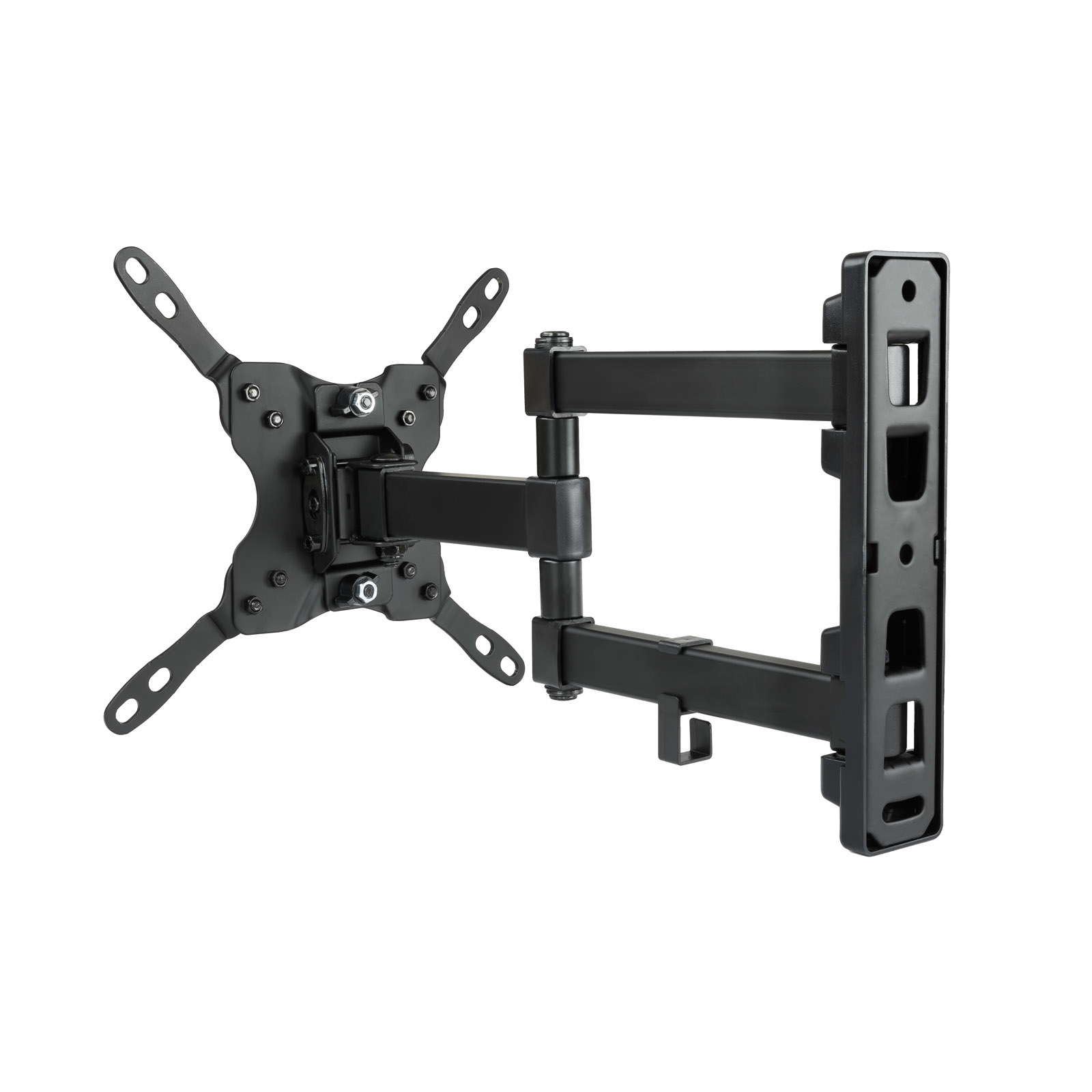 Un soporte de pared para TV negro. Consiste en un soporte con brazos y una placa rectangular, todo sobre un fondo blanco.
