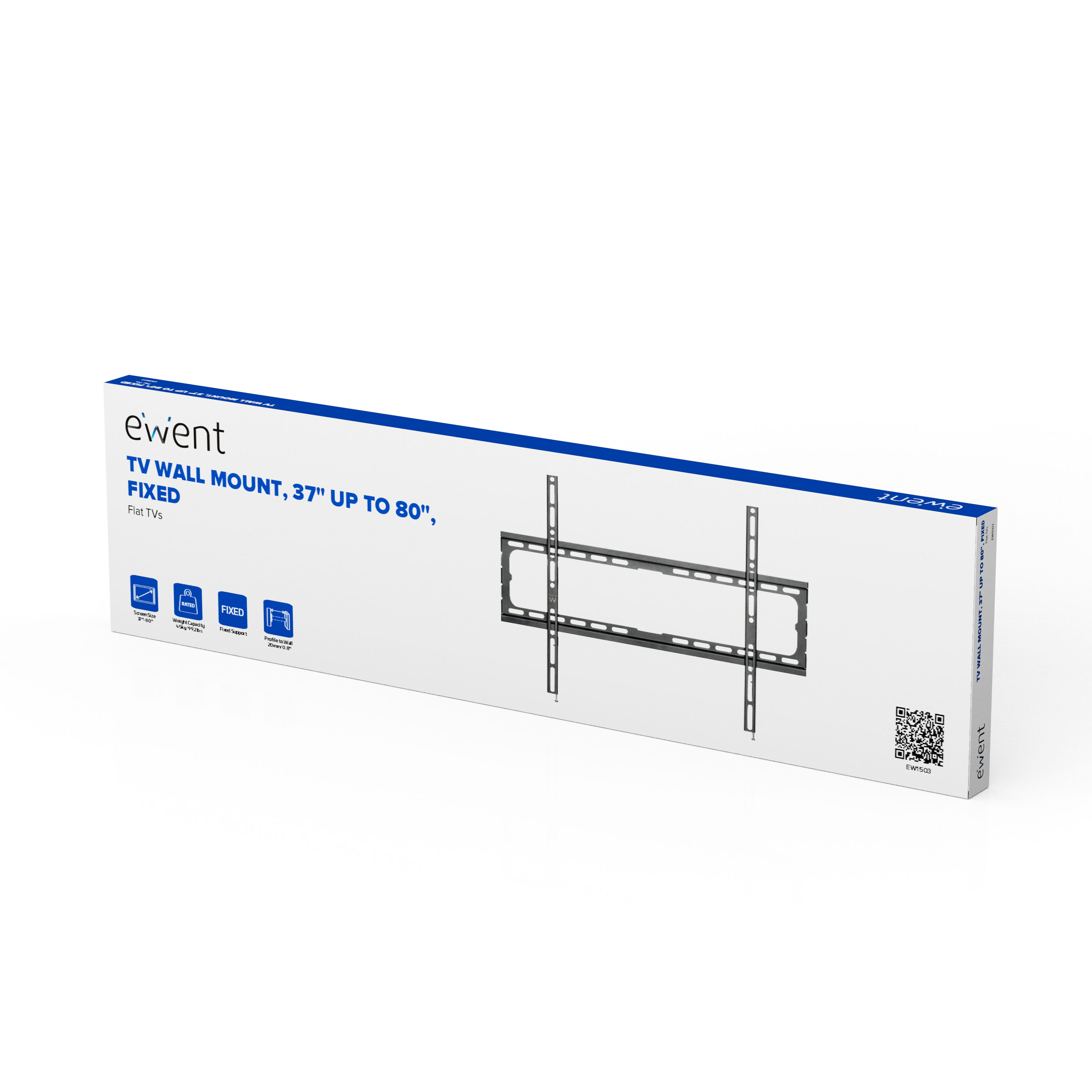 Eine weiße Schachtel mit einer TV-Wandhalterung. Text enthält 'ewent' und 'TV WALL MOUNT'.