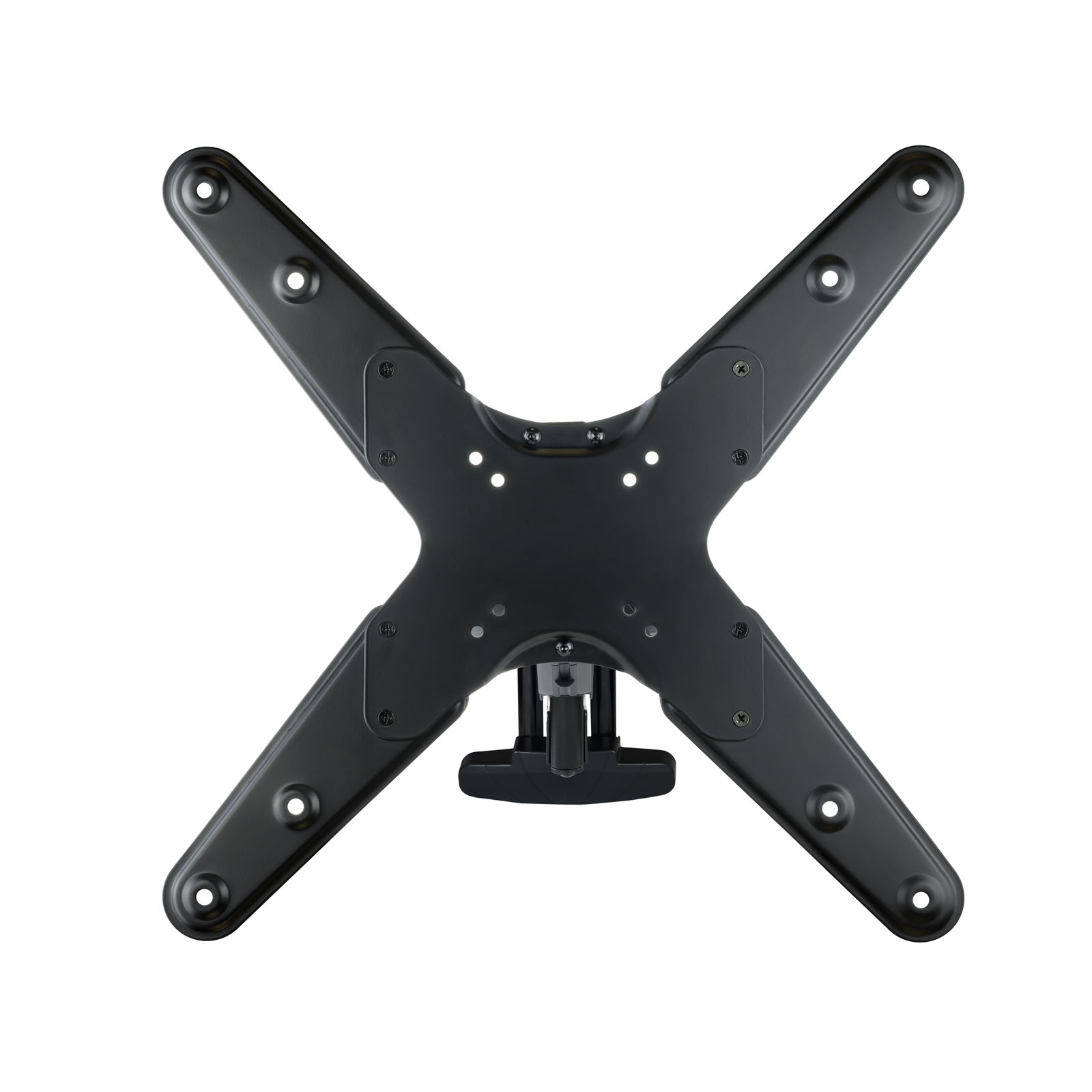 Eine schwarze TV-Halterung aus Metall auf weißem Hintergrund. Sie hat ein X-förmiges Design mit mehreren Löchern und Schrauben.