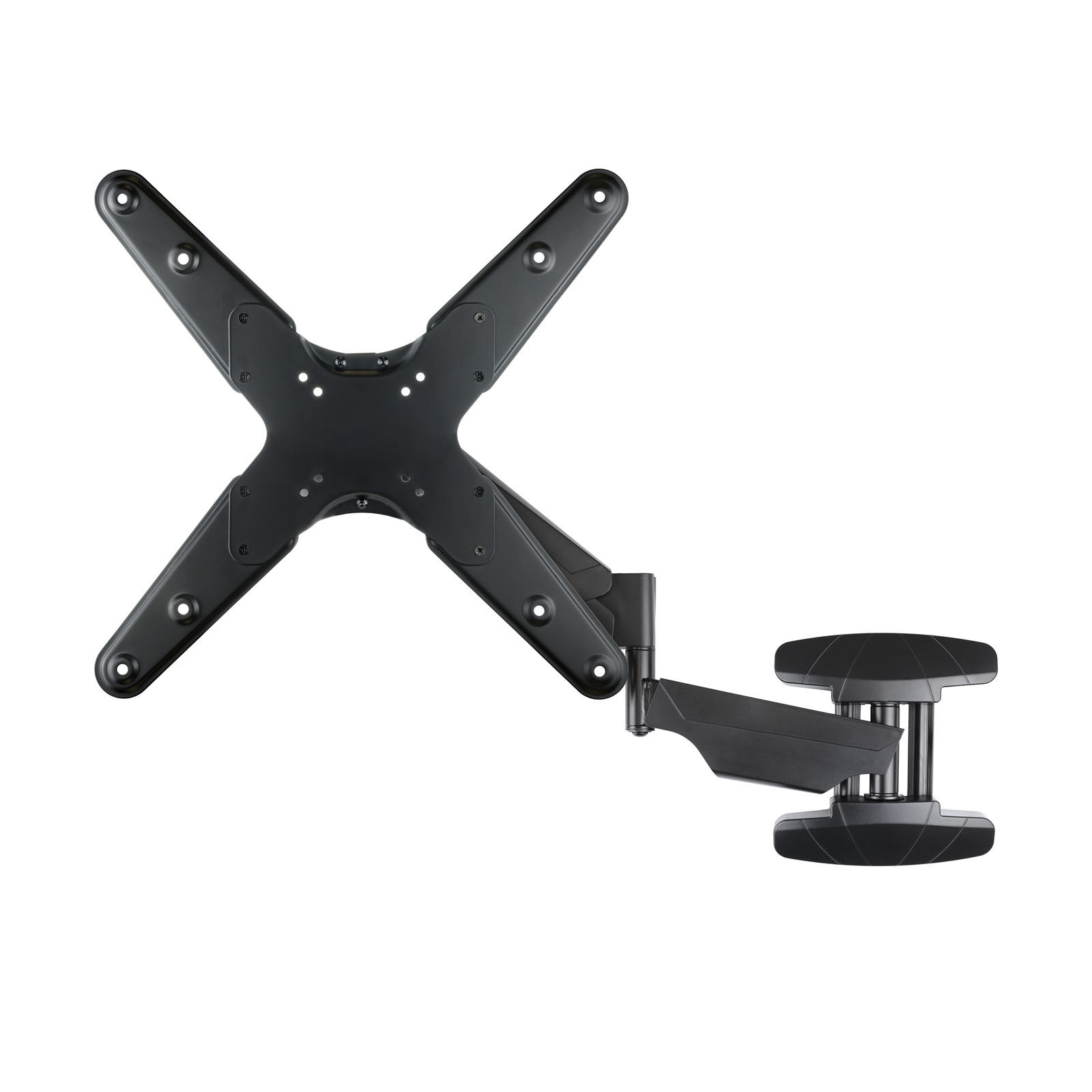 Eine schwarze TV-Wandhalterung vor weißem Hintergrund. Sie hat eine X-förmige Halterung und einen Arm mit Montagebasis.
