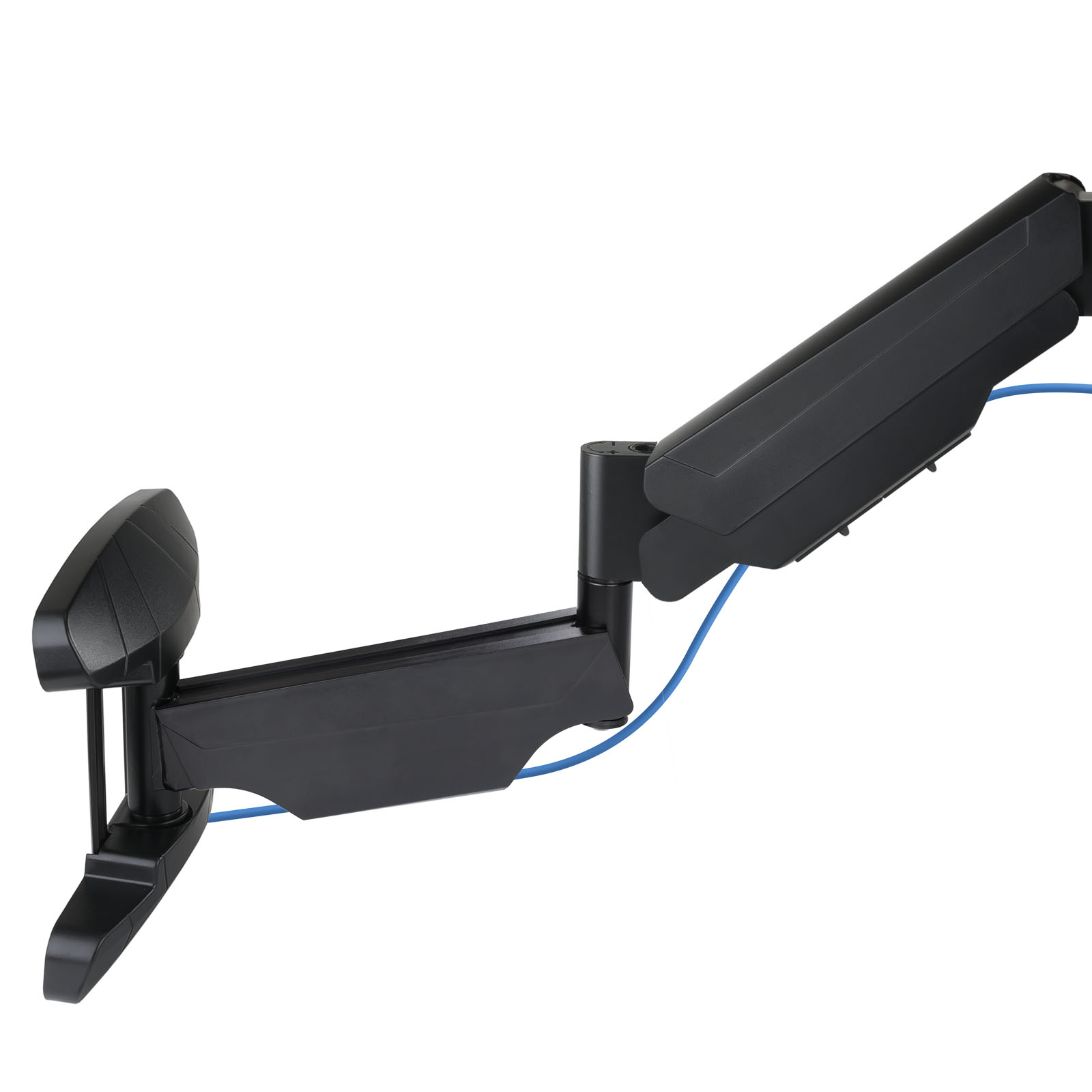 Ein schwarzer Monitorarm mit blauem Kabel vor weißem Hintergrund. Der Arm ist verstellbar.