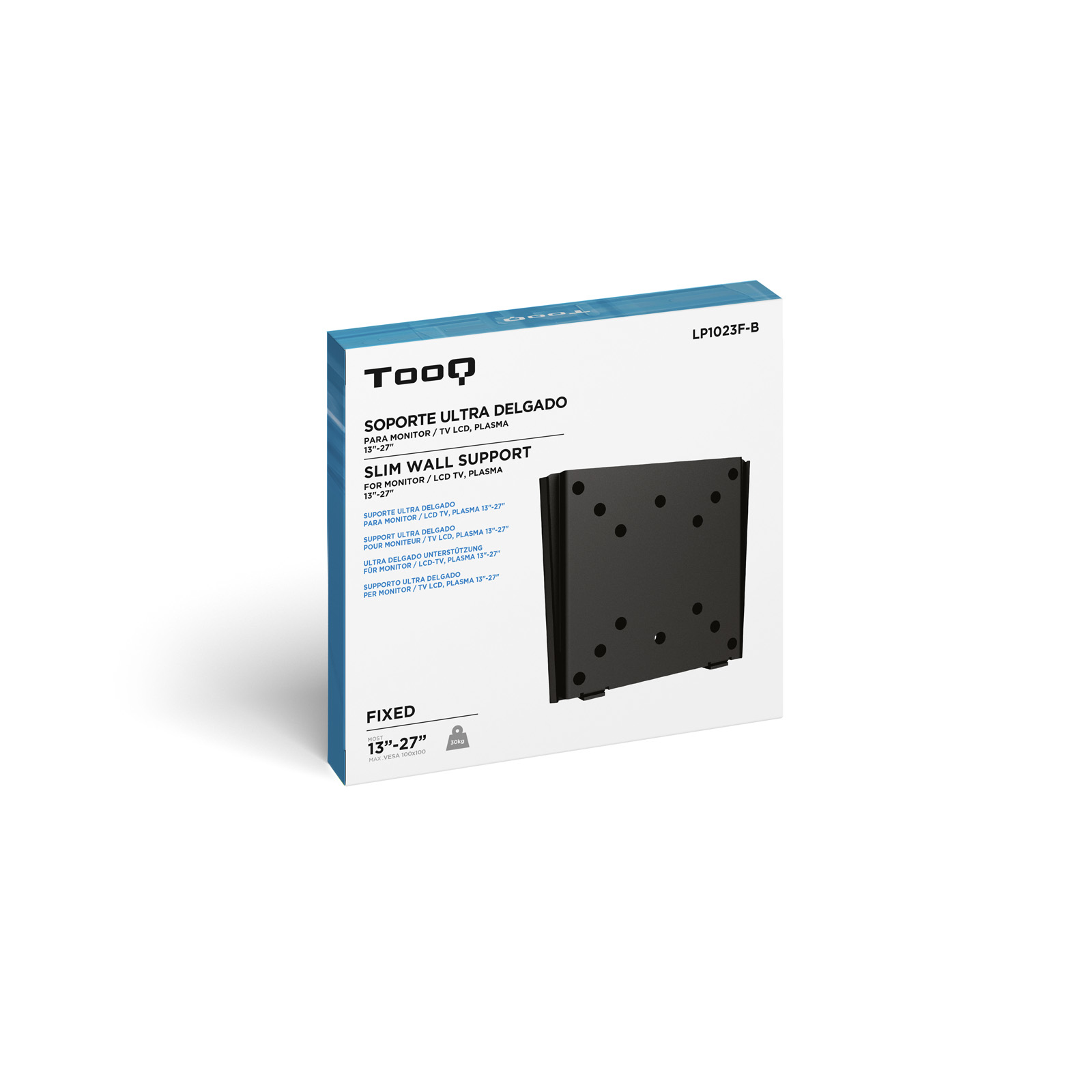 Eine schwarze, schlanke Wandhalterungsbox für Monitore/Fernseher wird angezeigt. Die Box hat eine schwarze Halterung und Produktinformationen.