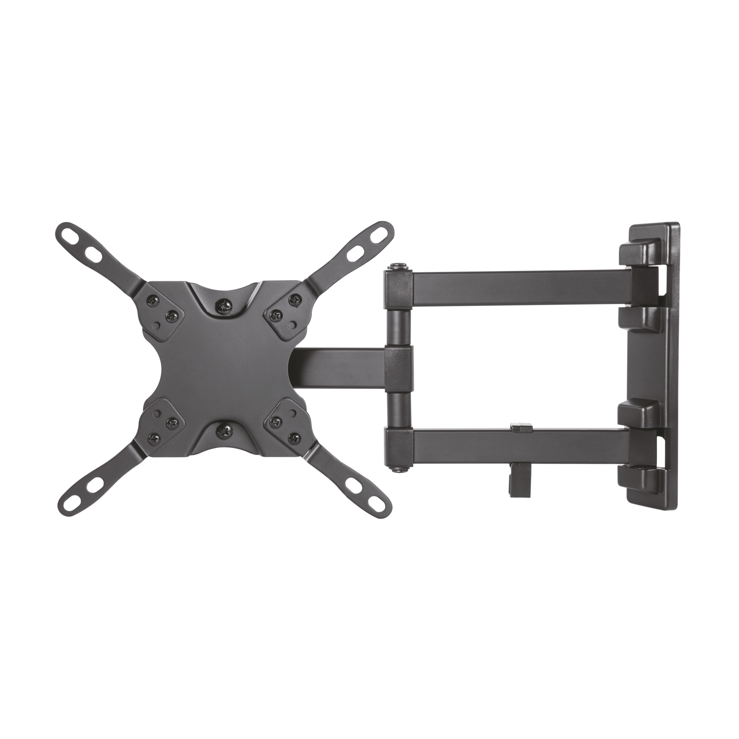 Un soporte de pared para TV negro sobre fondo blanco. Tiene una placa central con brazos y un soporte rectangular para la pared.
