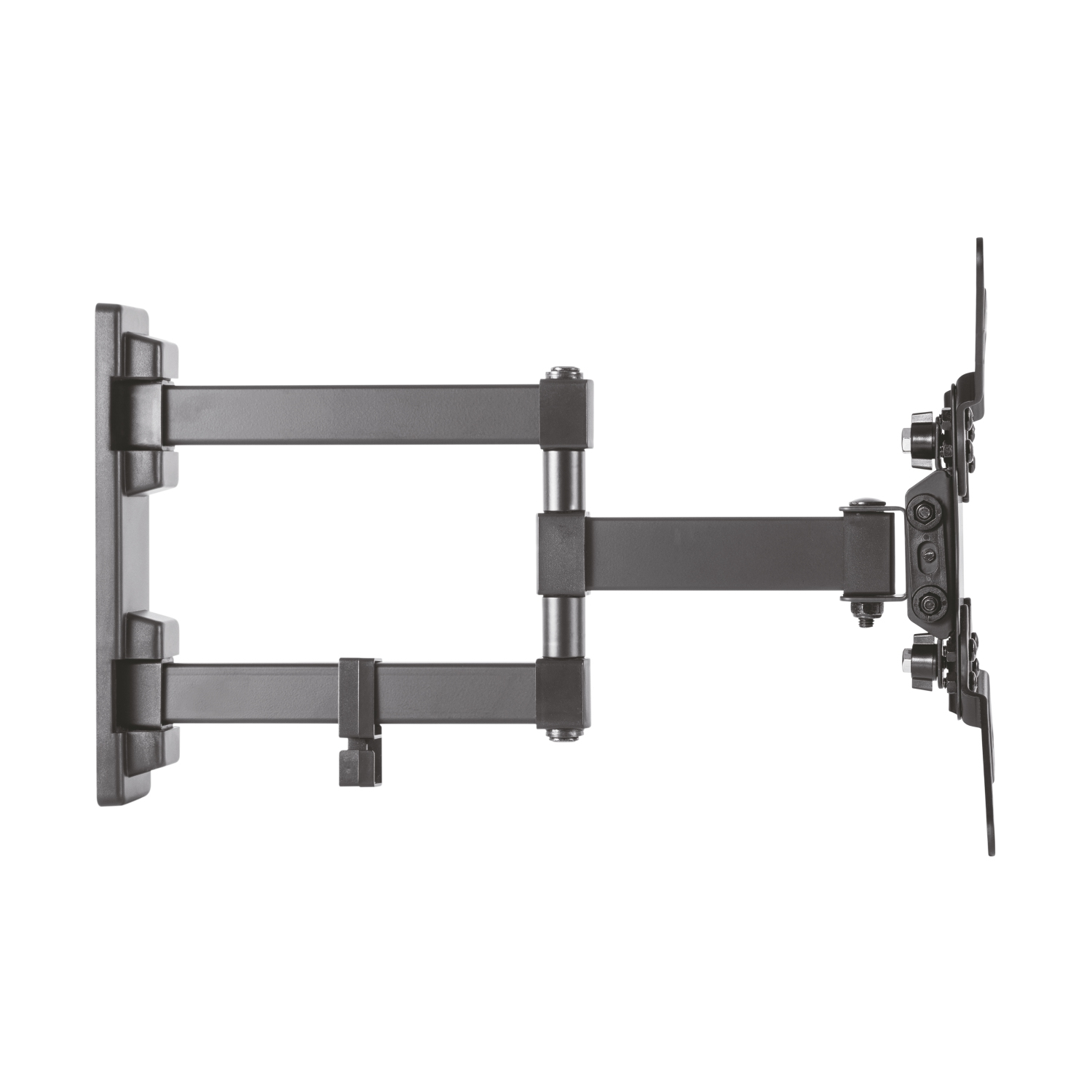 Un soporte de pared para TV negro y articulado. Tiene múltiples articulaciones y un soporte para fijar a la TV y una placa para fijar a la pared.