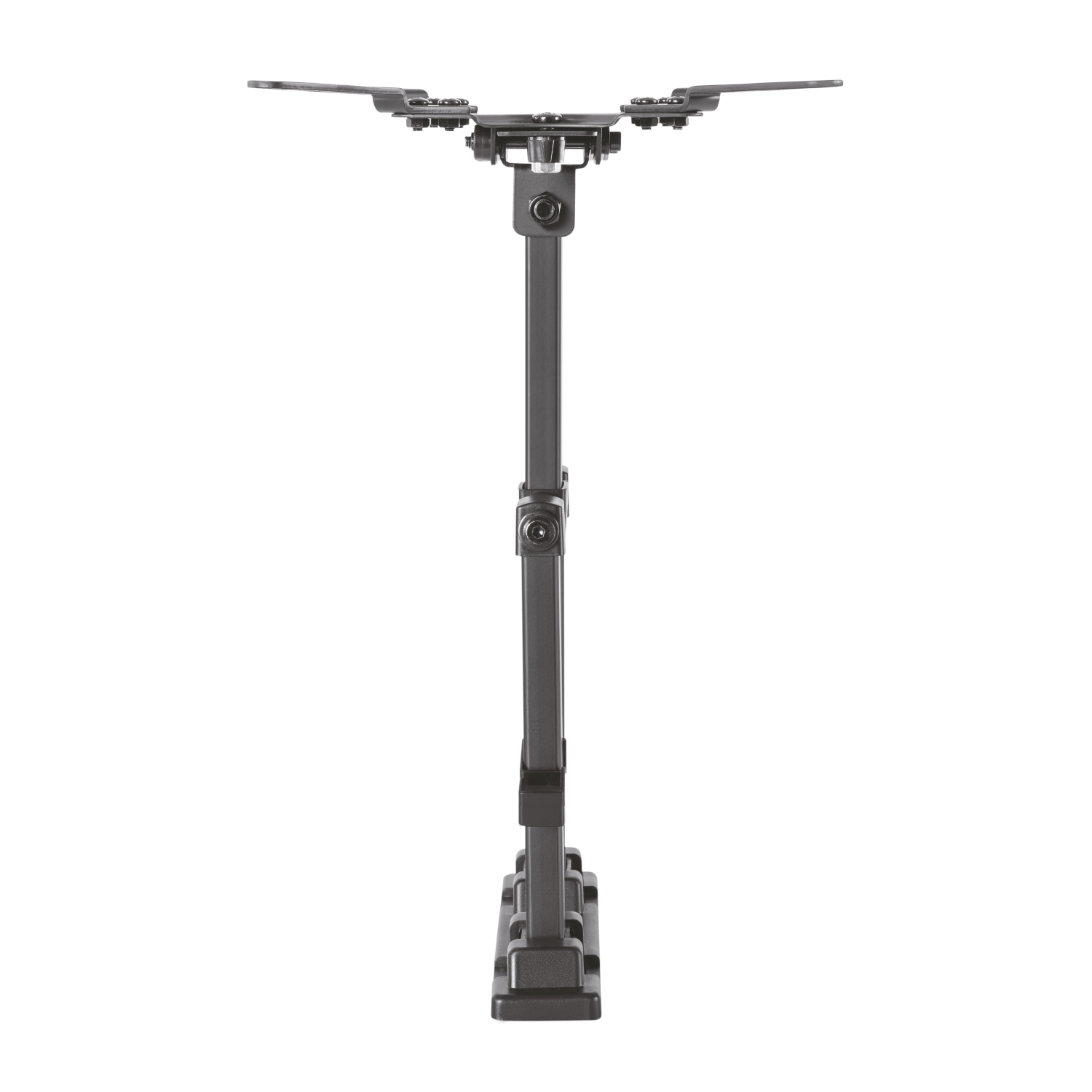 Un soporte de metal negro para sujetar algo, tiene un poste vertical con una base y una parte superior con brazos que se extienden hacia afuera.
