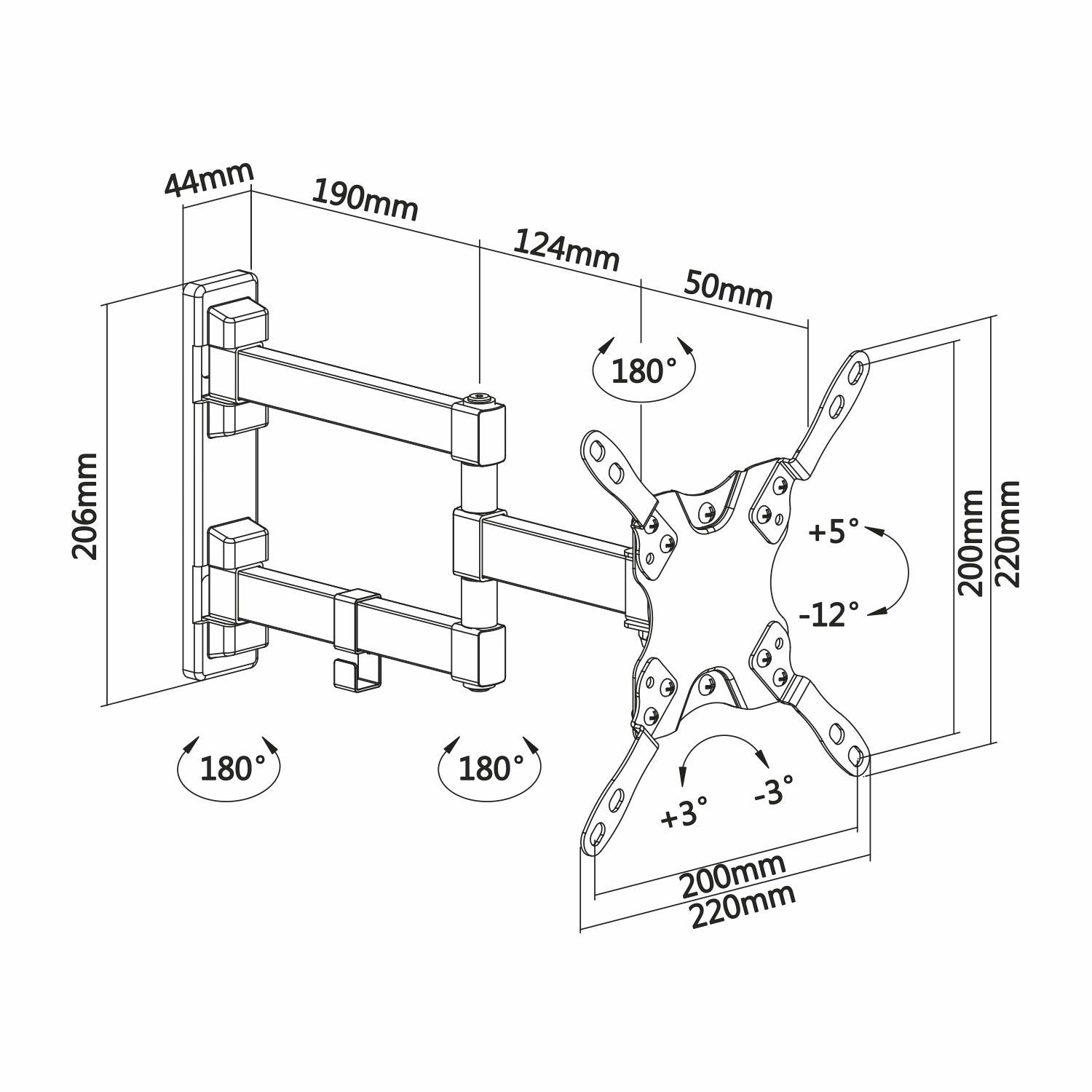 Un diagrama de un soporte de TV. Se etiquetan las dimensiones y los ángulos, incluidos 206 mm, 44 mm, 190 mm, 124 mm, 50 mm y varios ángulos.