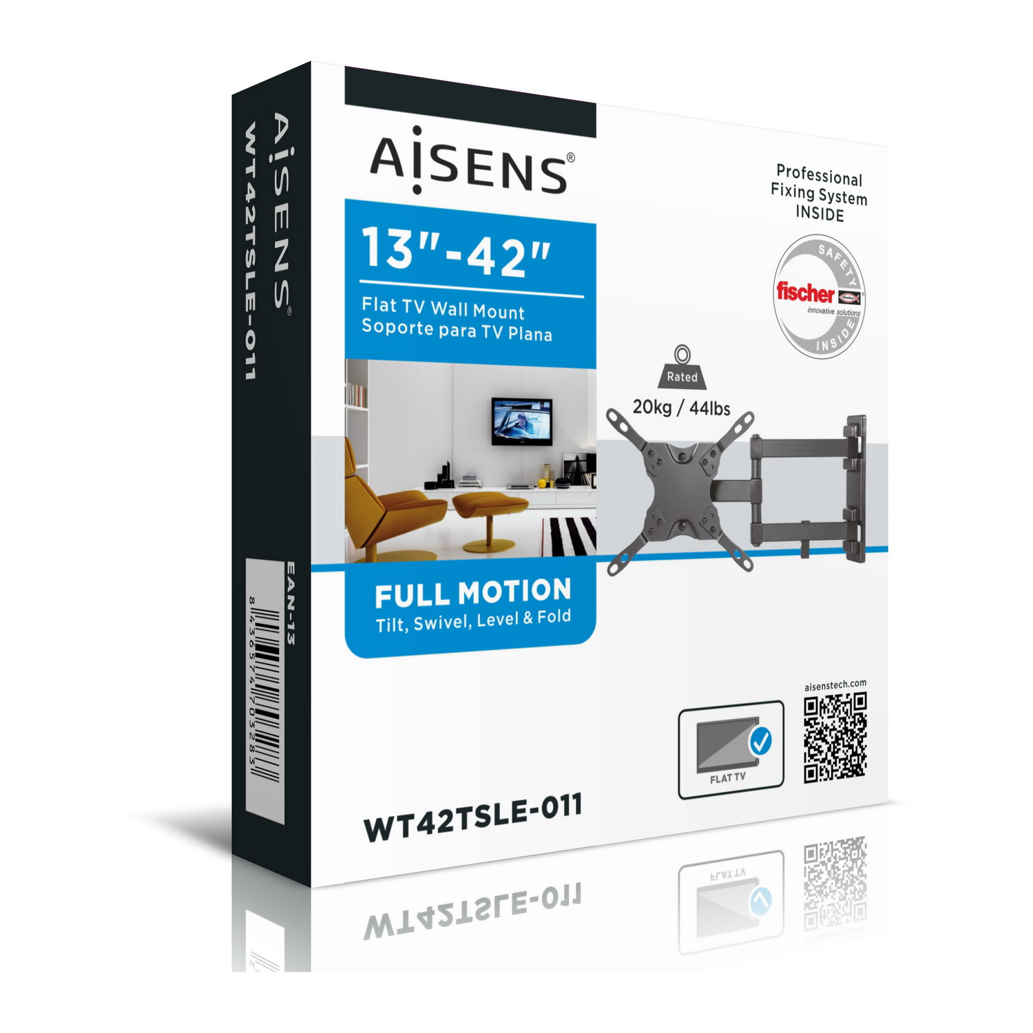 Una caja de soporte de pared para TV. El frente muestra el producto, con la marca, el tamaño y una imagen de un televisor. Título: WT42TSLE-011.