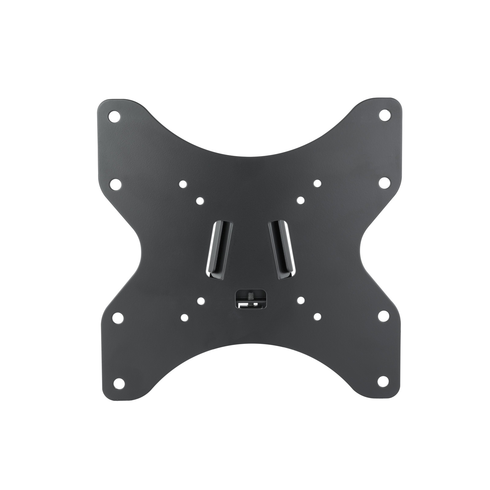Eine schwarze TV-Wandhalterung aus Metall mit mehreren Schraubenlöchern und Schlitzen, isoliert auf weißem Hintergrund.