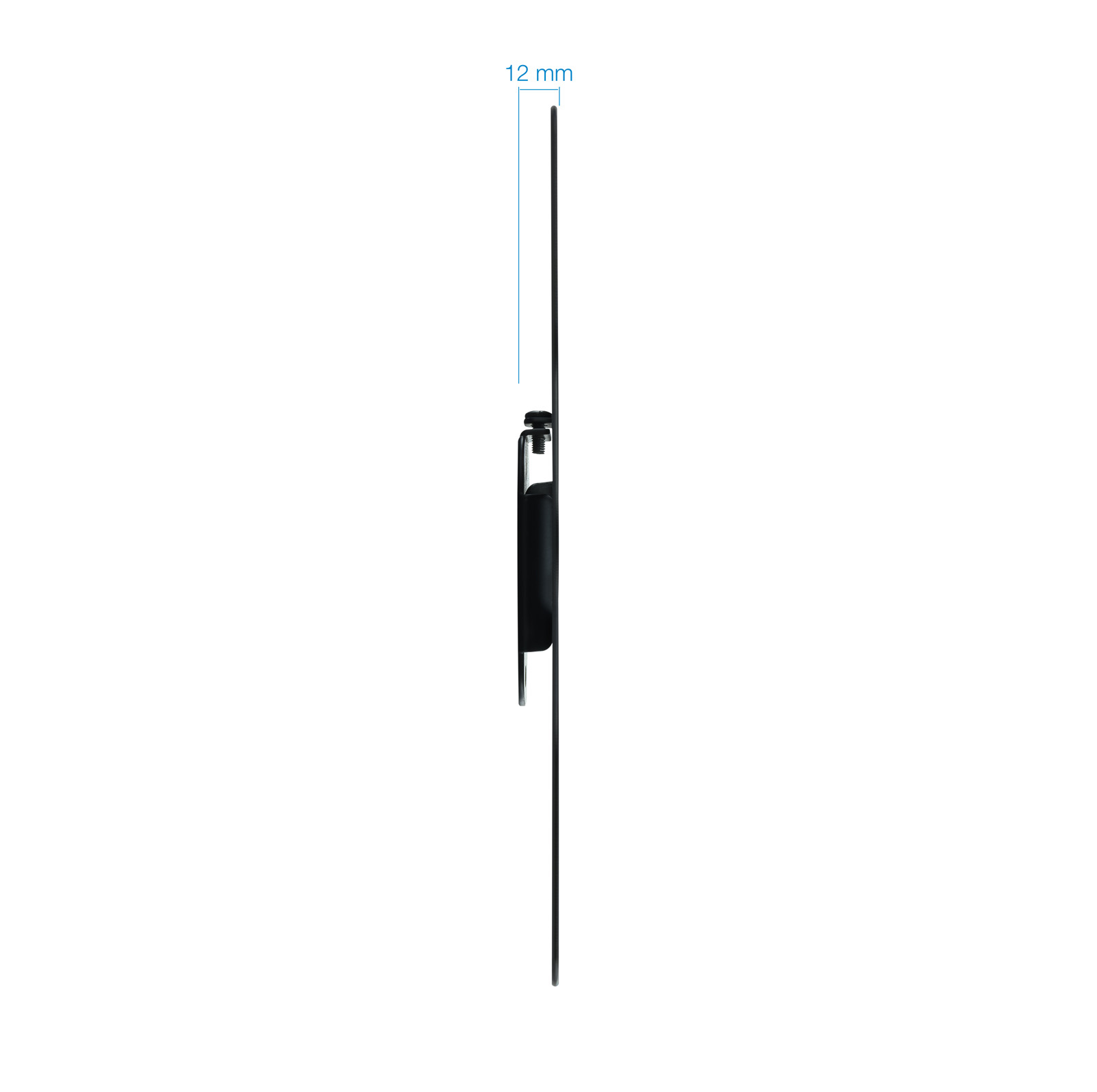 Eine schwarze Wandhalterung ist im Profil dargestellt. Eine blaue Linie zeigt ein 12 mm Maß an, das die Dicke der Halterung angibt.