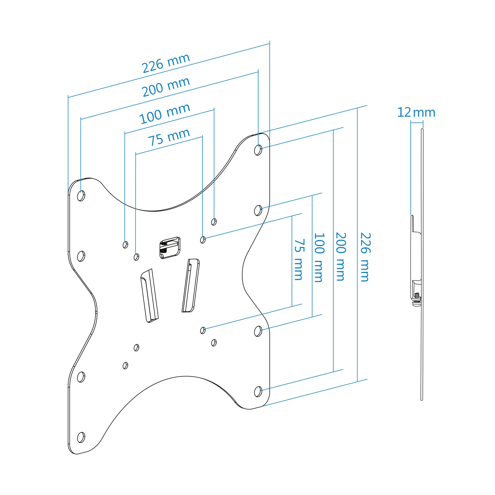Diagramm einer schwarzen Metallhalterung mit Abmessungen in Millimetern. Enthält eine Seitenansicht mit einer Dicke von 12 mm.