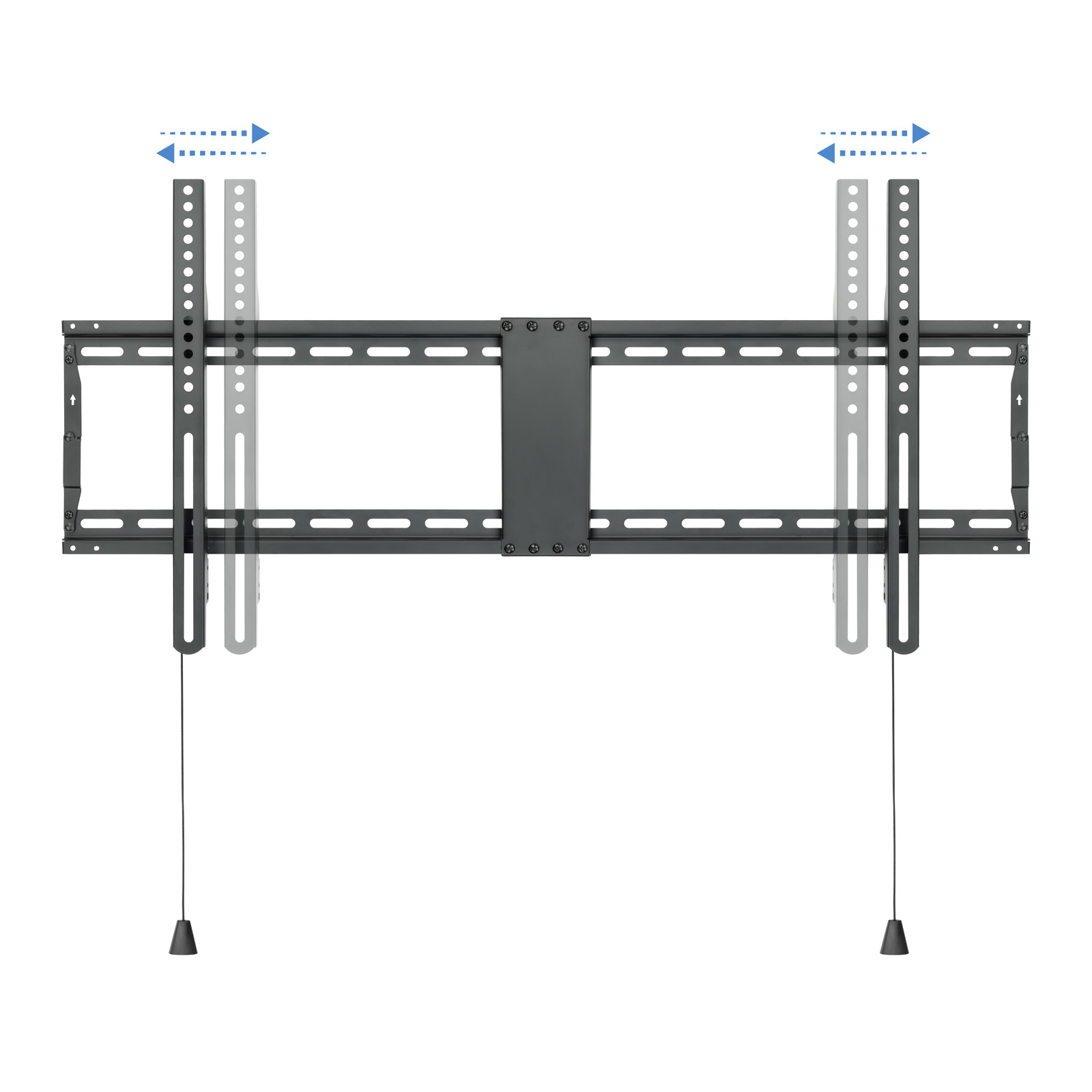 Un soporte de pared para TV negro con brazos ajustables. Flechas indican movimiento. Fondo blanco.