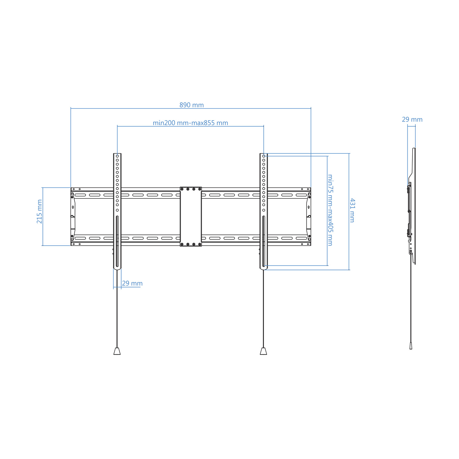 Dibujo técnico de un soporte de pared para TV. Las dimensiones se indican con líneas azules.