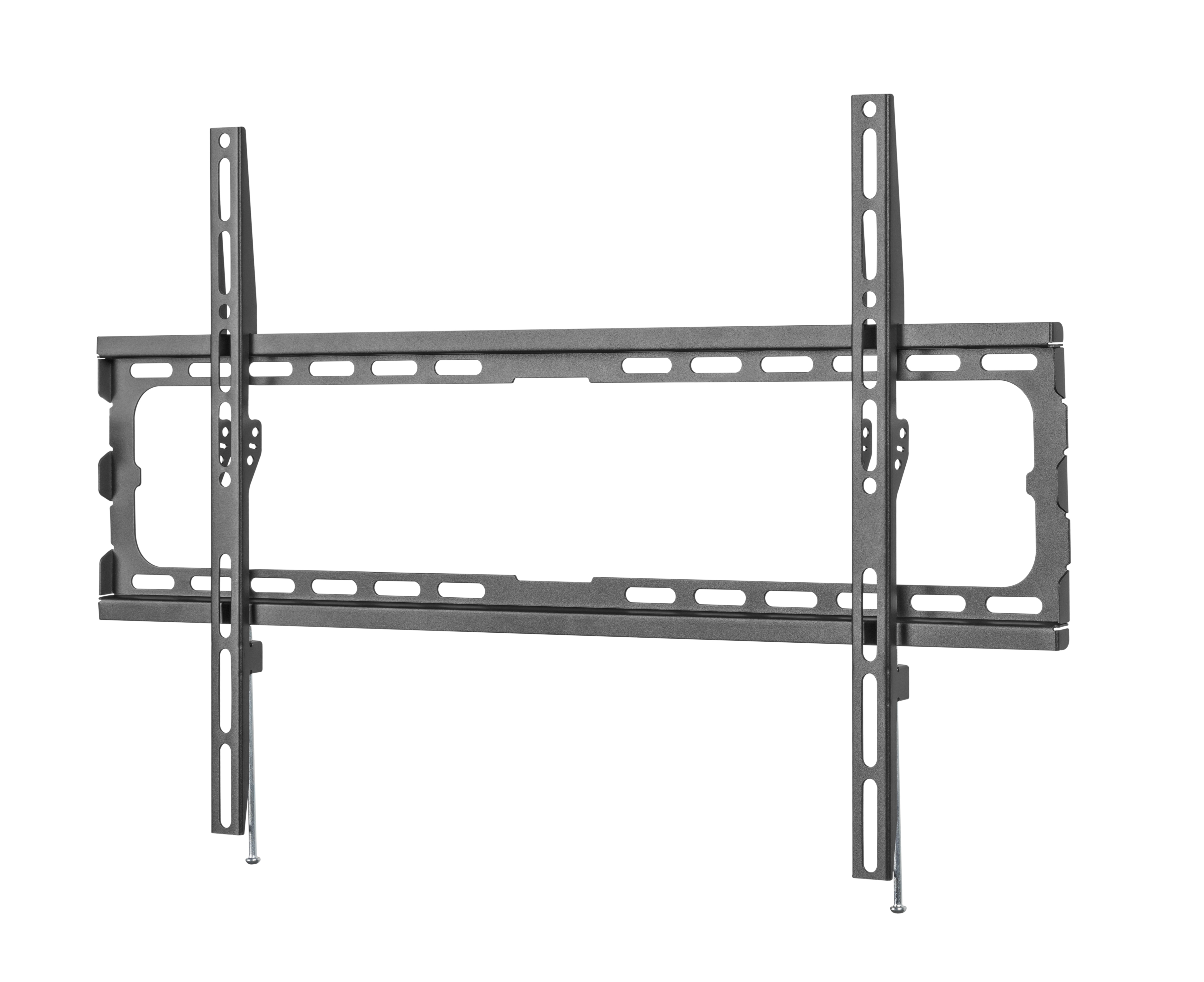 Un supporto a parete per TV grigio scuro con fori e fessure, su sfondo bianco.
