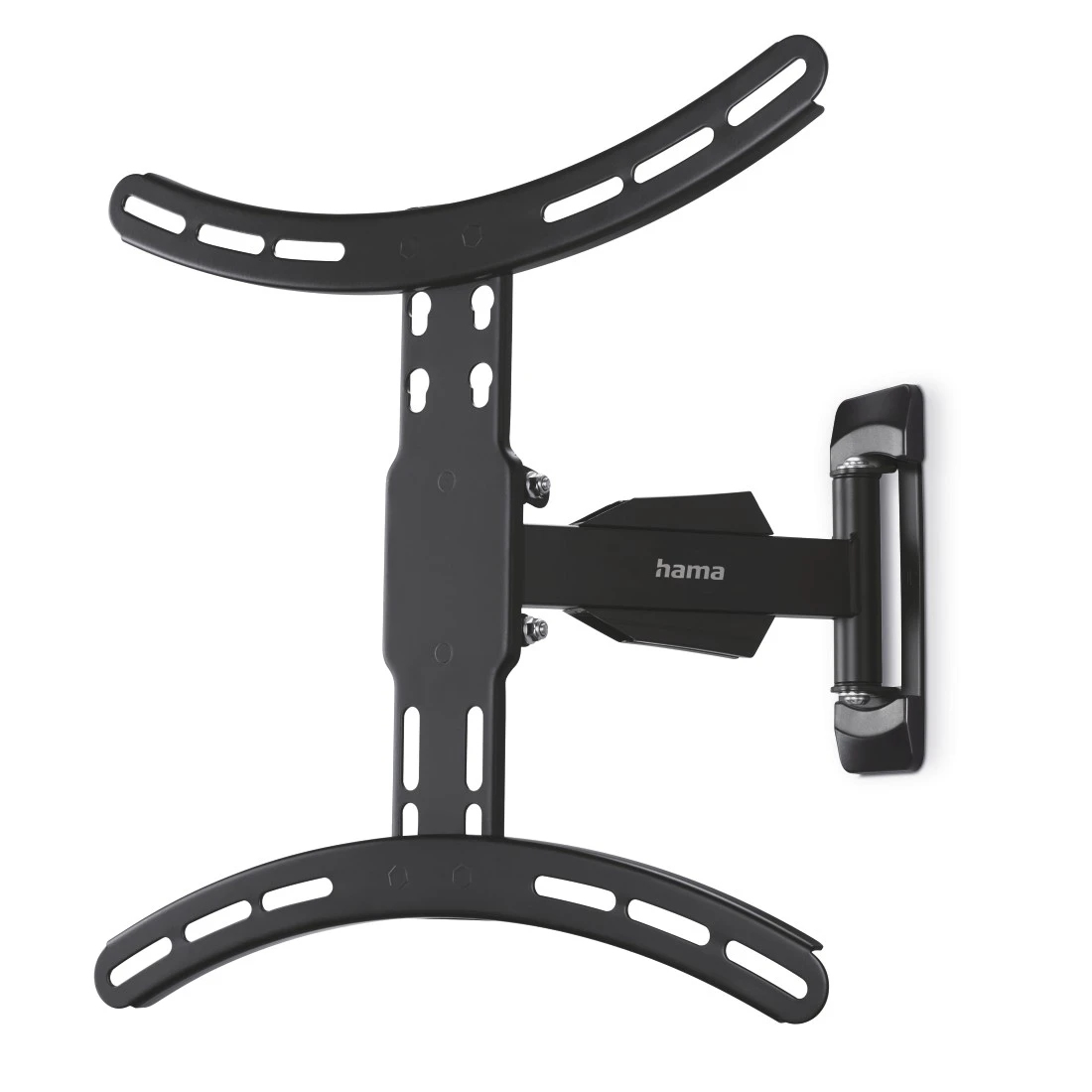 Un supporto a parete per TV Hama nero, con bracci curvi e un supporto centrale, montato su una superficie bianca.