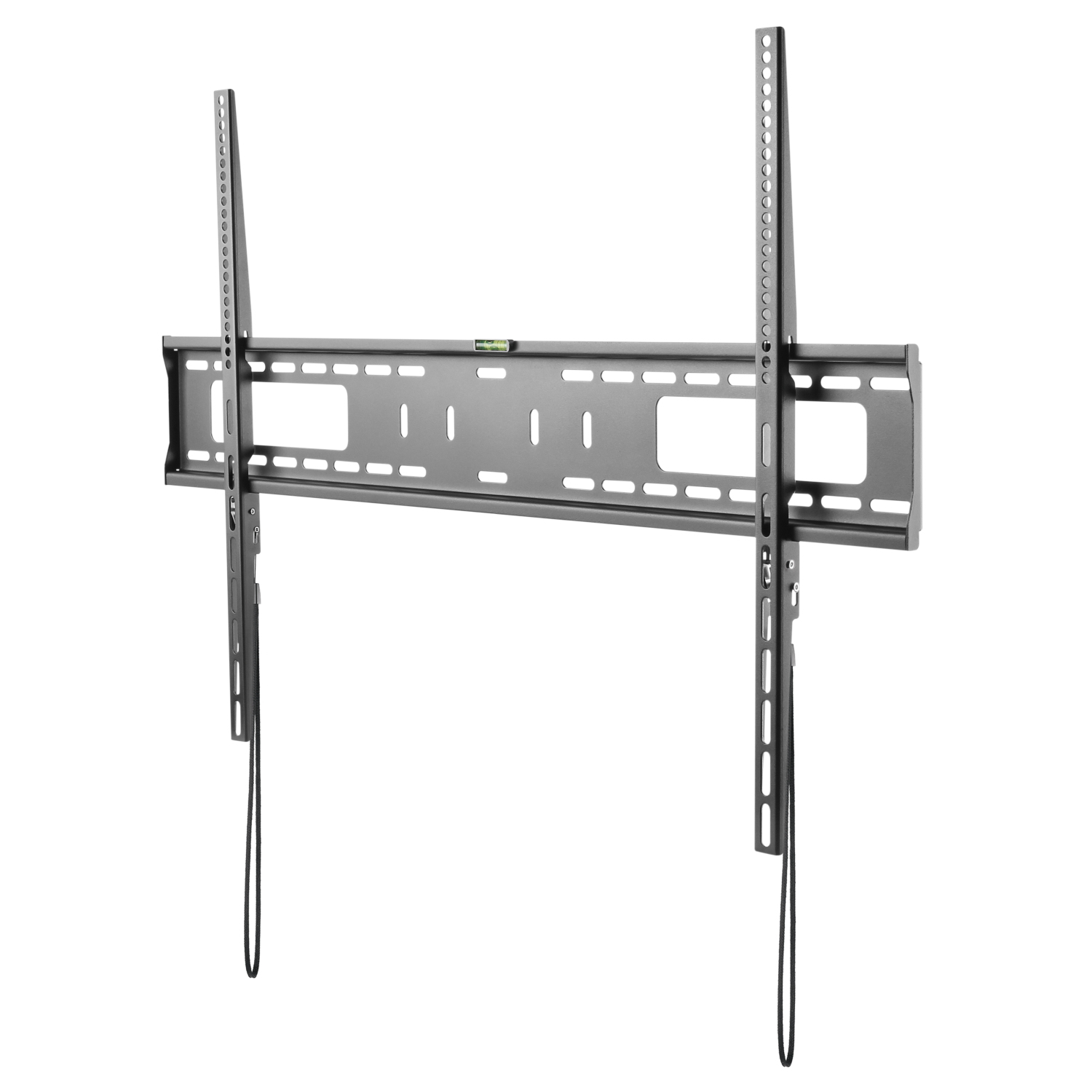 Eine metallische, an der Wand montierte TV-Halterung. Sie hat zwei vertikale Schienen mit Löchern und eine horizontale Leiste mit Schlitzen und einer Wasserwaage.