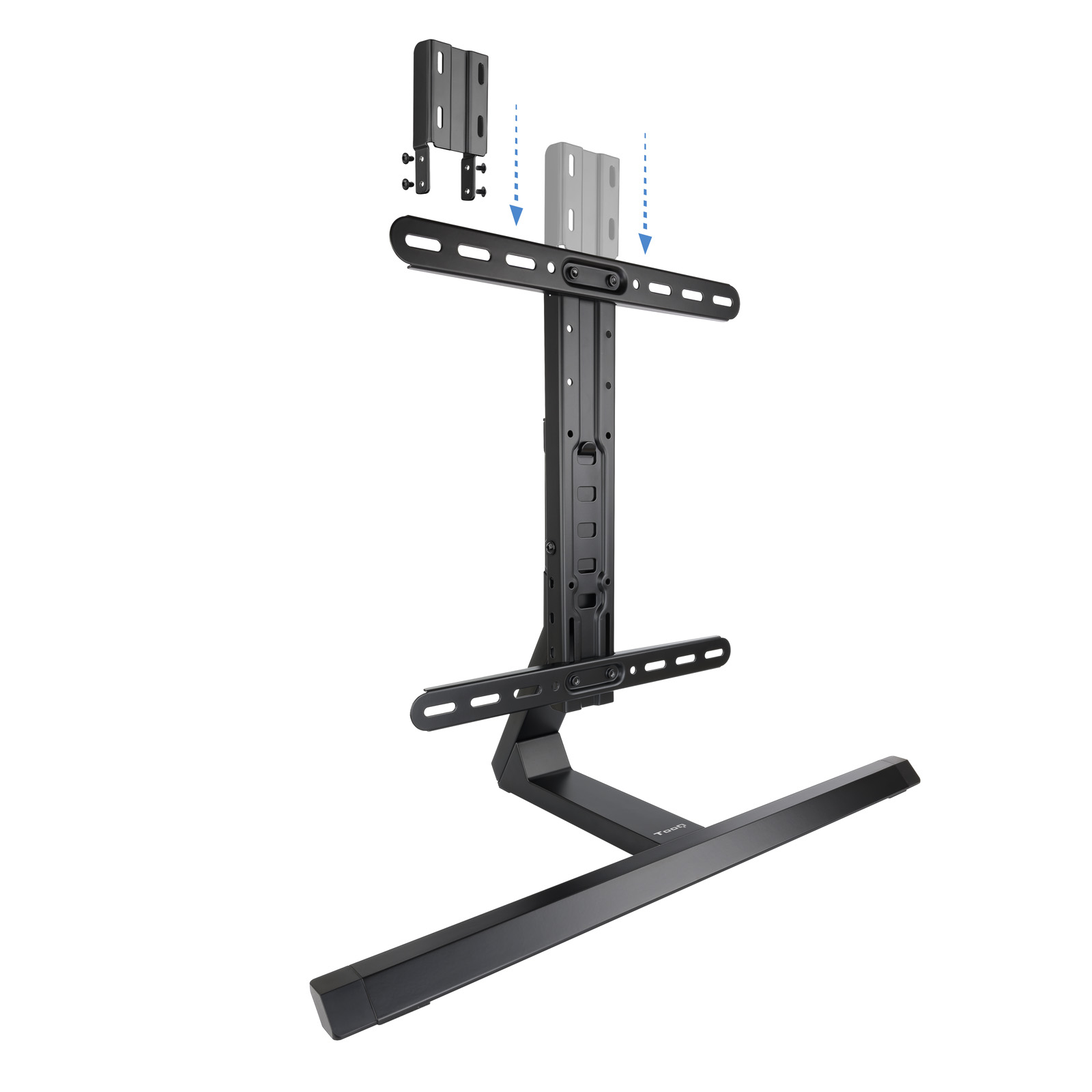 Soporte de TV negro con soportes de montaje, flechas indican el montaje. Incluye base, columna vertical y brazos horizontales.