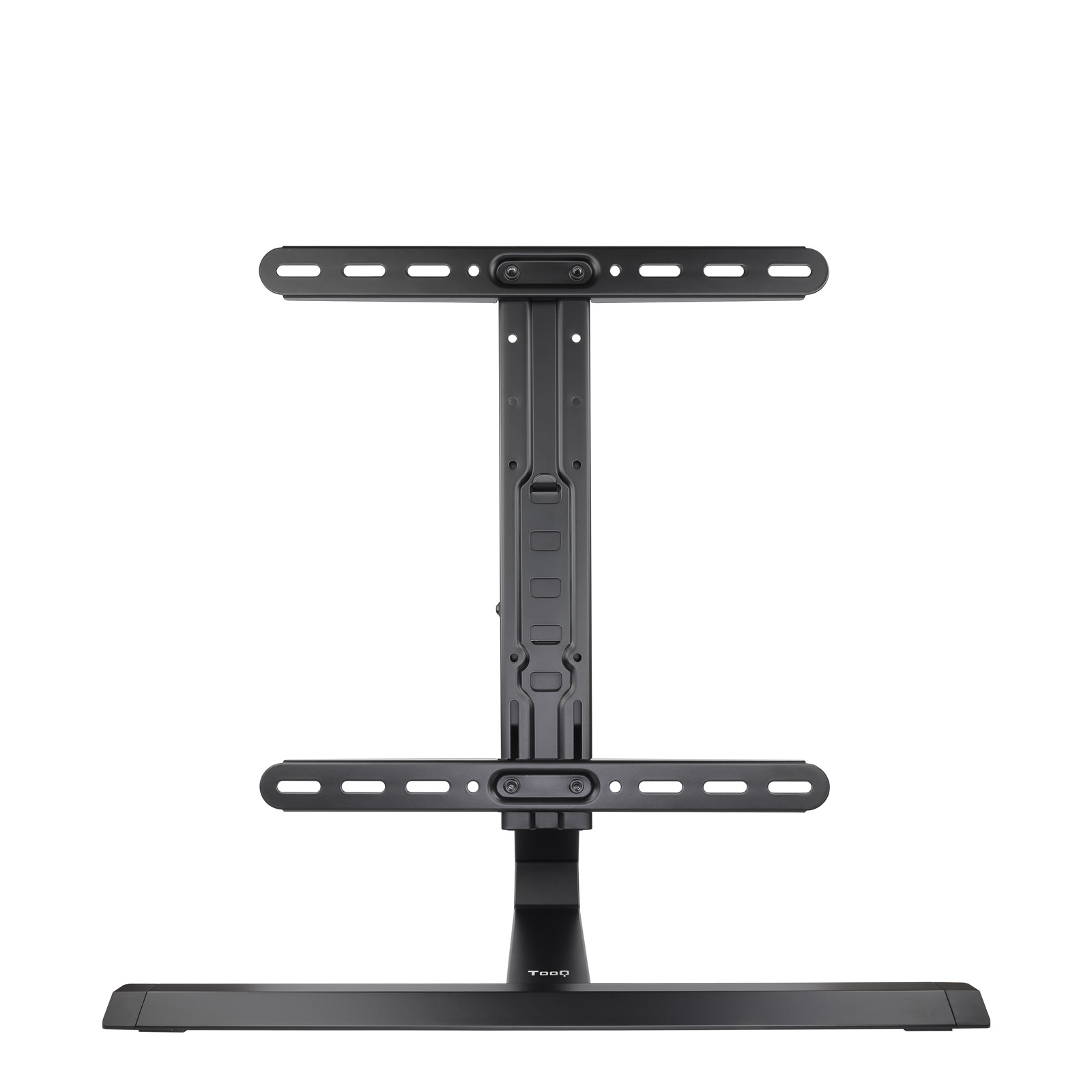 Un soporte de TV negro con base, soporte vertical y dos brazos horizontales. El soporte está sobre un fondo blanco.