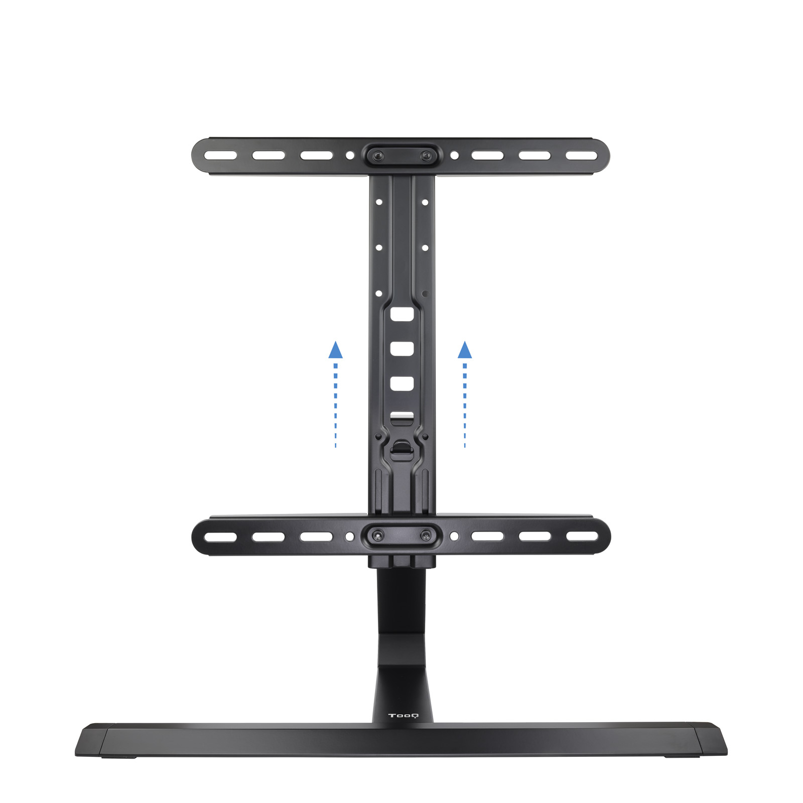 Un soporte de TV negro con barras horizontales y un soporte central. Las flechas indican el ajuste. La base está etiquetada como 'TooQ'.