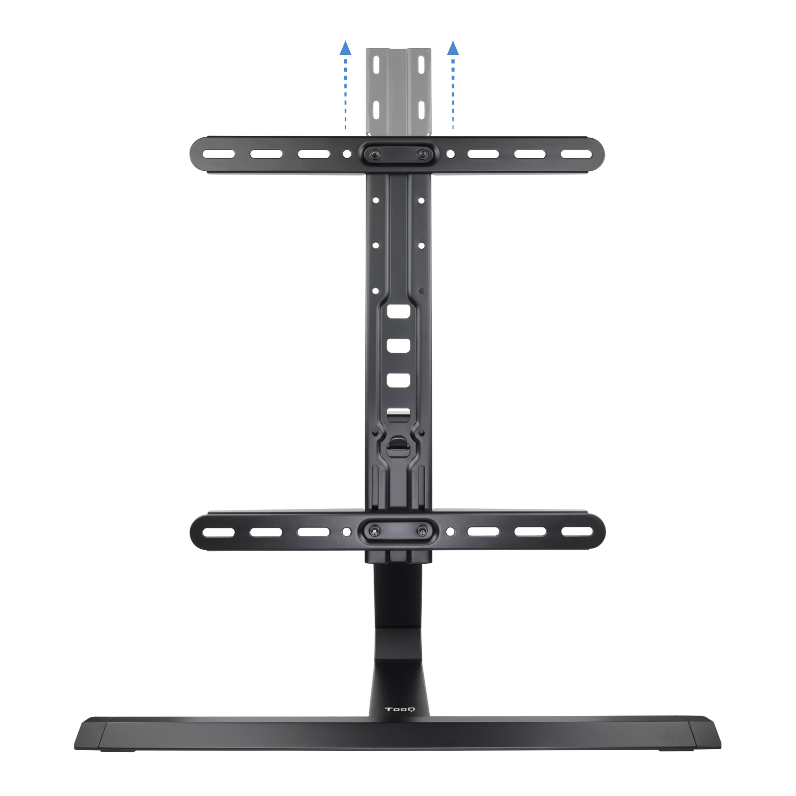 Un soporte de TV negro, con dos estantes horizontales y un soporte vertical central. Las flechas indican el ajuste de altura.