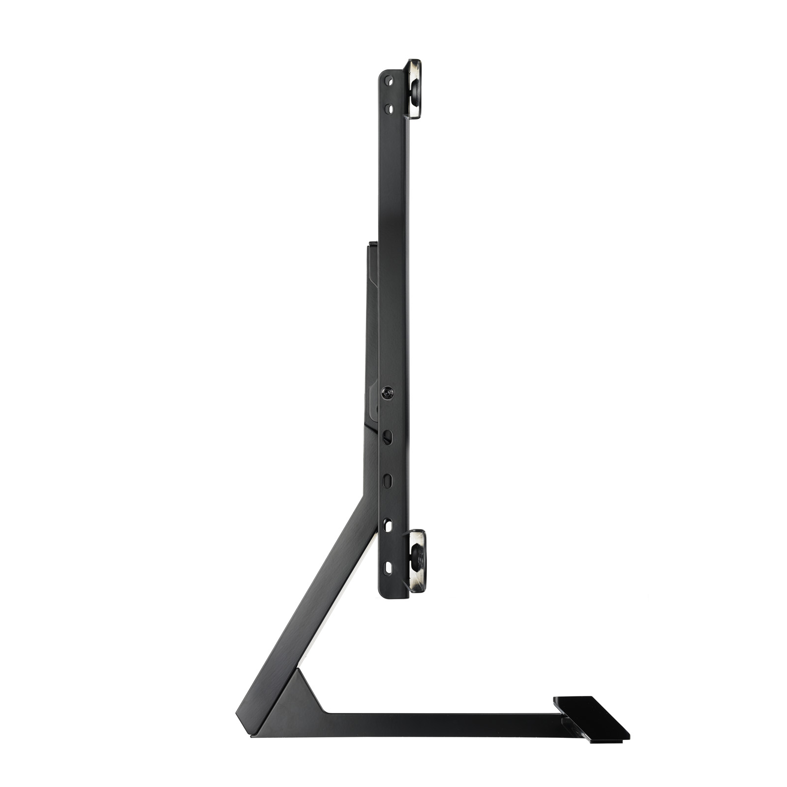 Un soporte de TV negro. Tiene un soporte vertical, patas anguladas y una base horizontal. Sobre un fondo blanco.