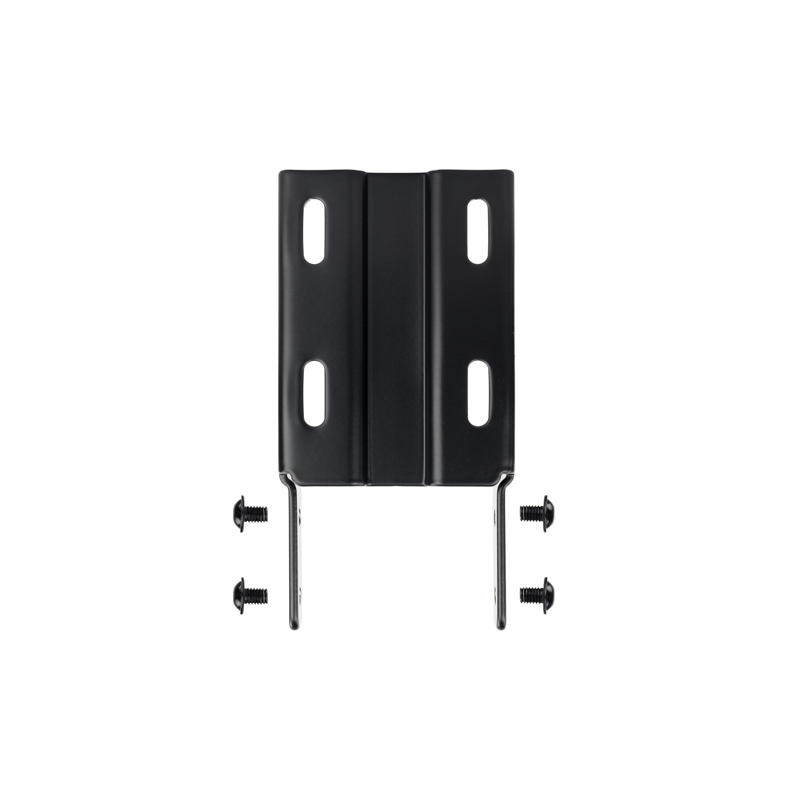 Un soporte de metal negro con cuatro orificios para tornillos y cuatro tornillos negros sobre fondo blanco.