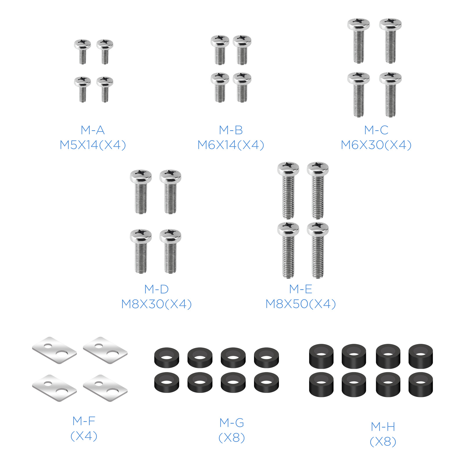La imagen muestra varios tornillos, arandelas y soportes etiquetados de M-A a M-H. También se enumeran cantidades y dimensiones.