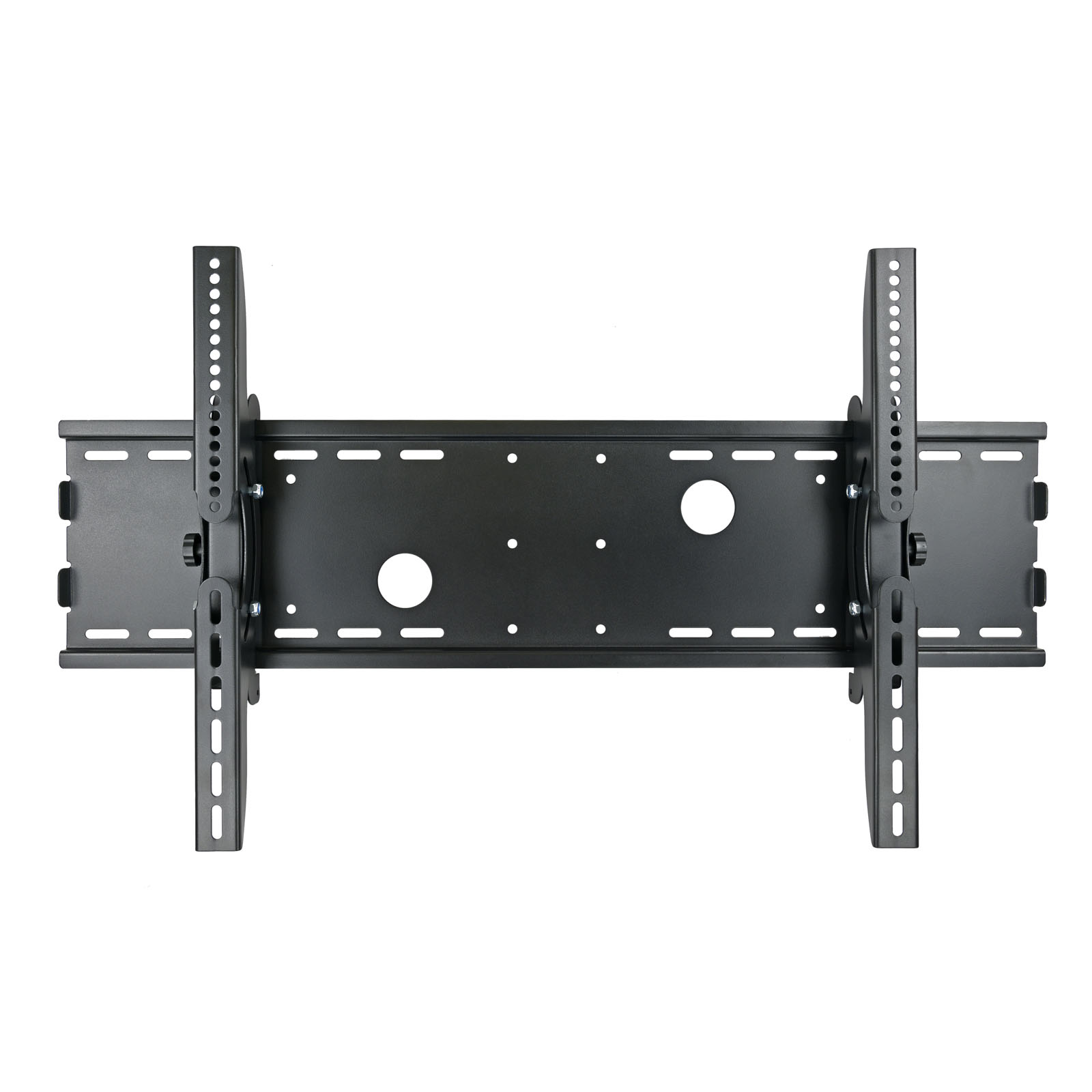 Soporte de pared para TV negro, construcción de metal. Dos brazos verticales con agujeros, base horizontal con agujeros. Fondo blanco.