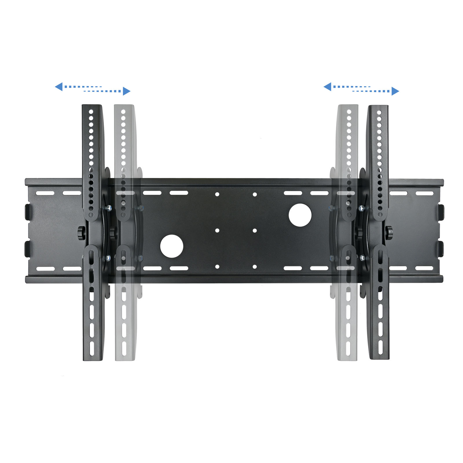 Soporte de pared negro para TV sobre fondo blanco. Flechas muestran posiciones ajustables.
