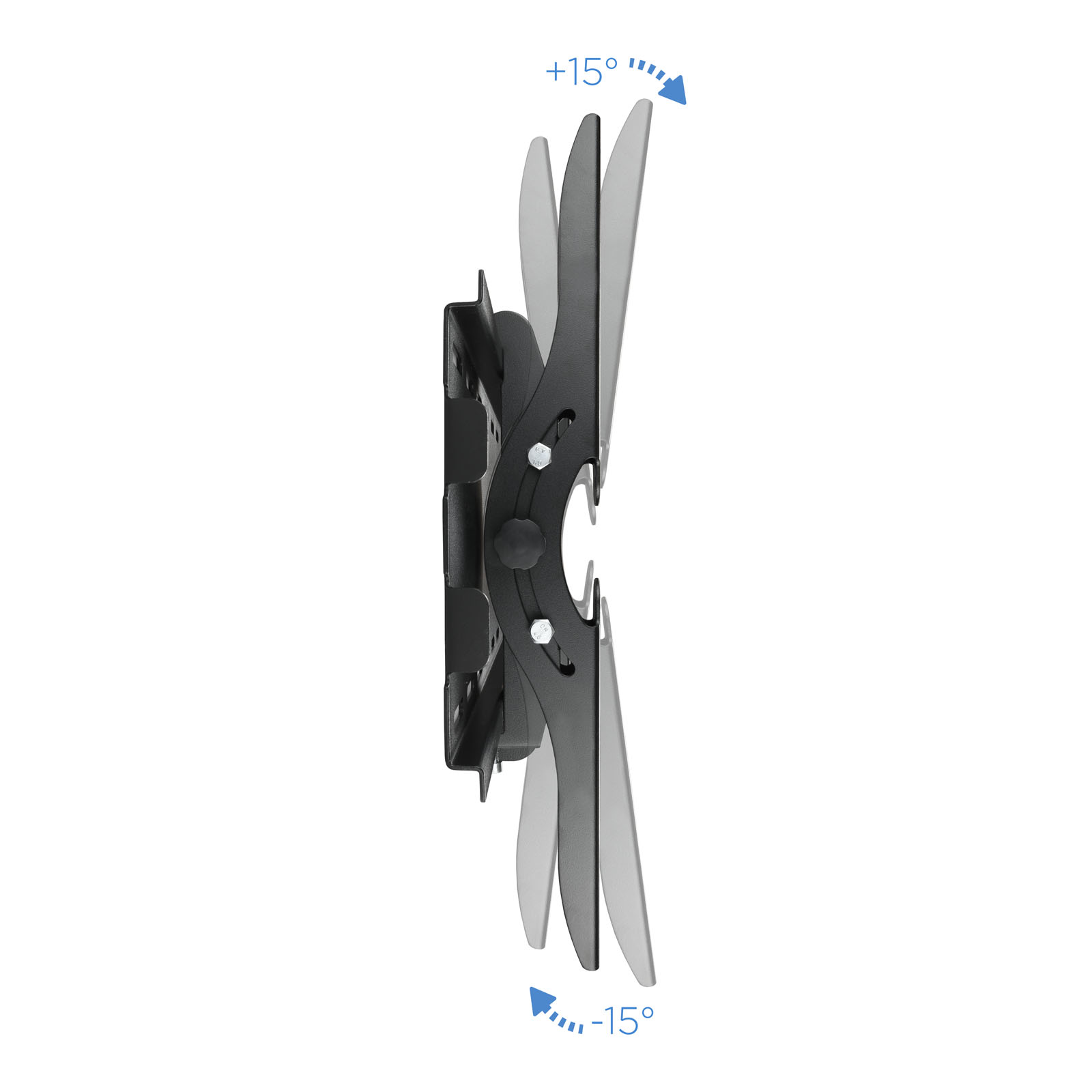 Un soporte de pared para TV negro y plateado. Está en ángulo, con una indicación de ángulo de +15° y -15°.