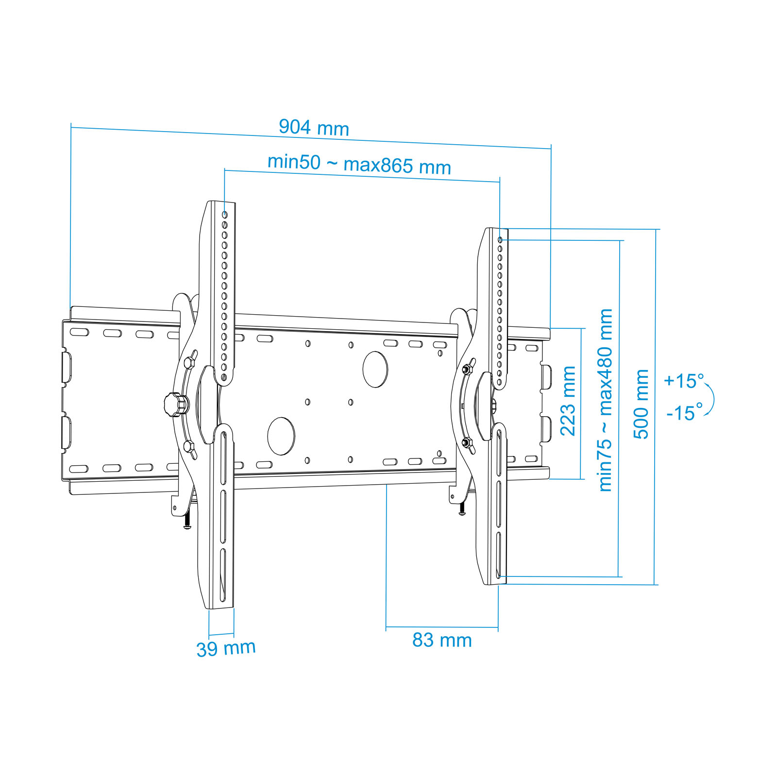 Diagrama de un soporte de pared para TV que muestra dimensiones en milímetros. Incluye medidas como 904 mm, min50, max865 mm y ángulos.