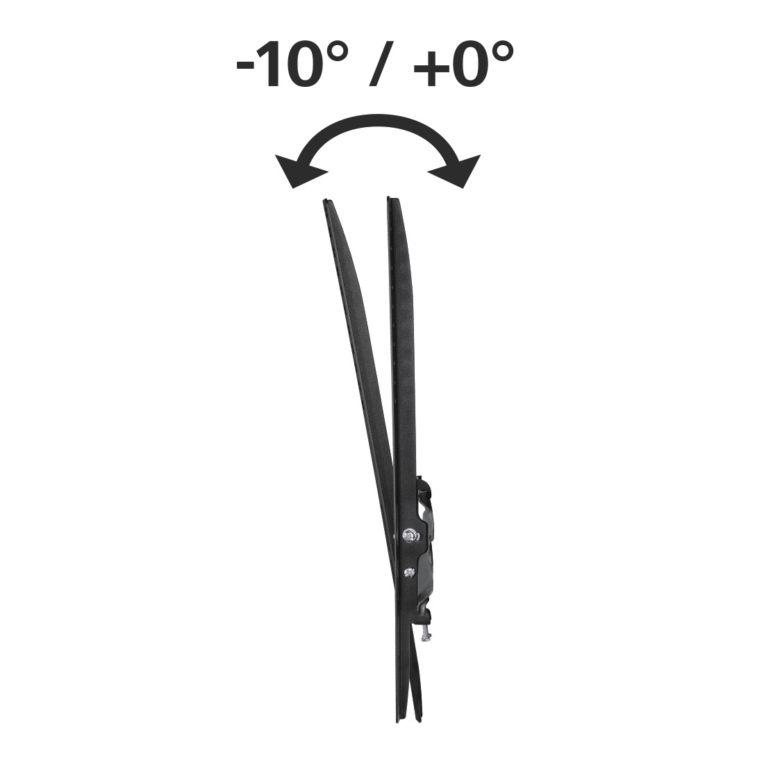 Soporte de pared negro para TV, inclinado a -10°/+0°, con un símbolo de arco. Fondo blanco.