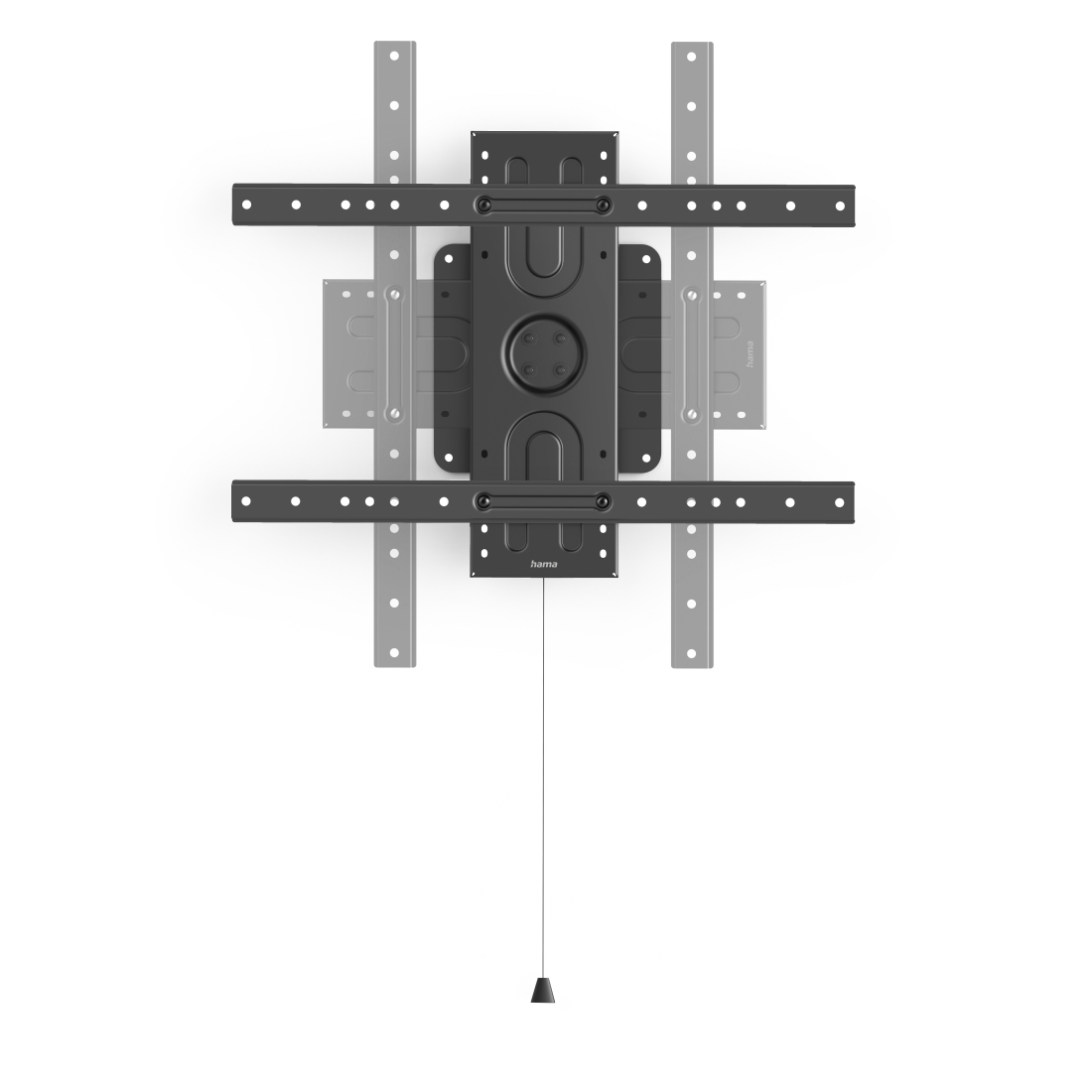 Eine schwarze TV-Wandhalterung auf weißem Hintergrund. Sie hat Arme mit Löchern und eine zentrale Einheit. Ein Kabel hängt von unten.