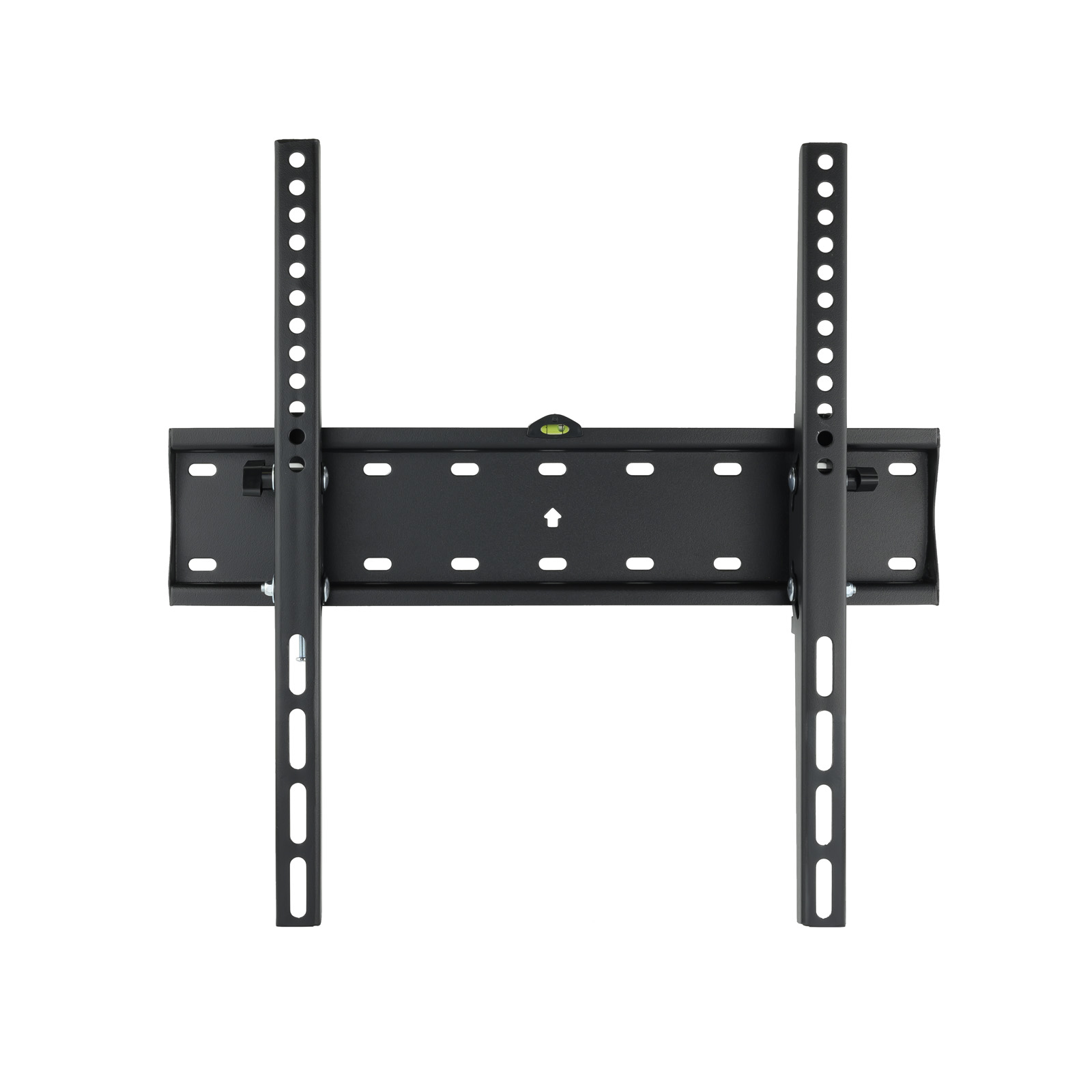 Un soporte de pared negro para TV con brazos de soporte verticales y un soporte horizontal. Cuenta con un nivel y orificios de montaje.