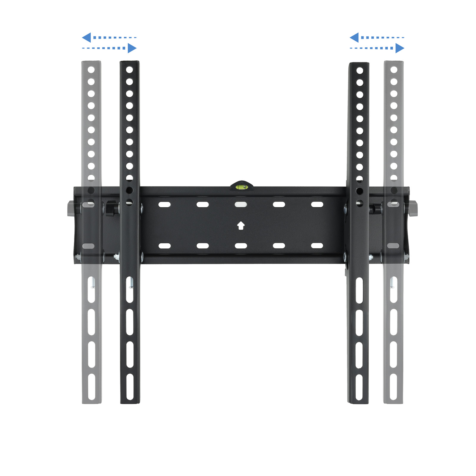 Soporte de pared para TV negro sobre blanco. Flechas indican ajuste. Incluye nivel y orificios para tornillos.