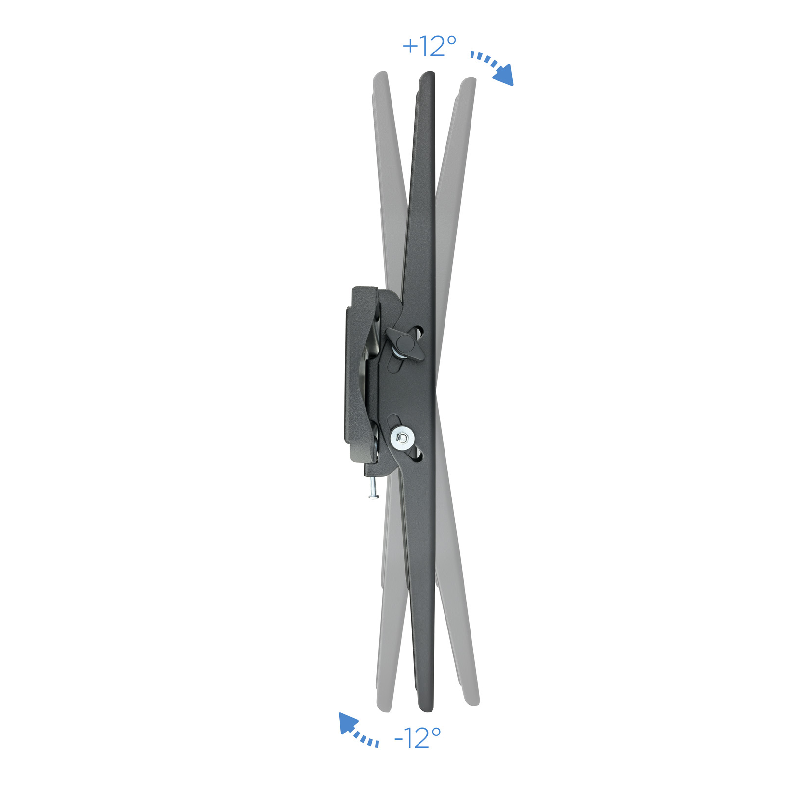 Se muestra un soporte de TV negro y gris. Se inclina hasta +12 grados y hacia abajo hasta -12 grados. Flechas indican la inclinación.