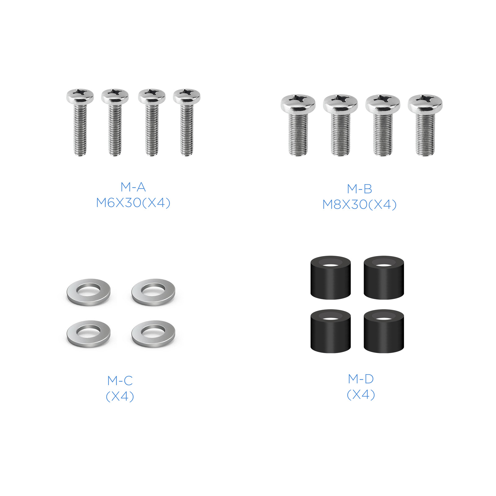 La imagen muestra componentes de hardware: tornillos (M-A, M-B), arandelas (M-C) y espaciadores cilíndricos negros (M-D), todo sobre fondo blanco.