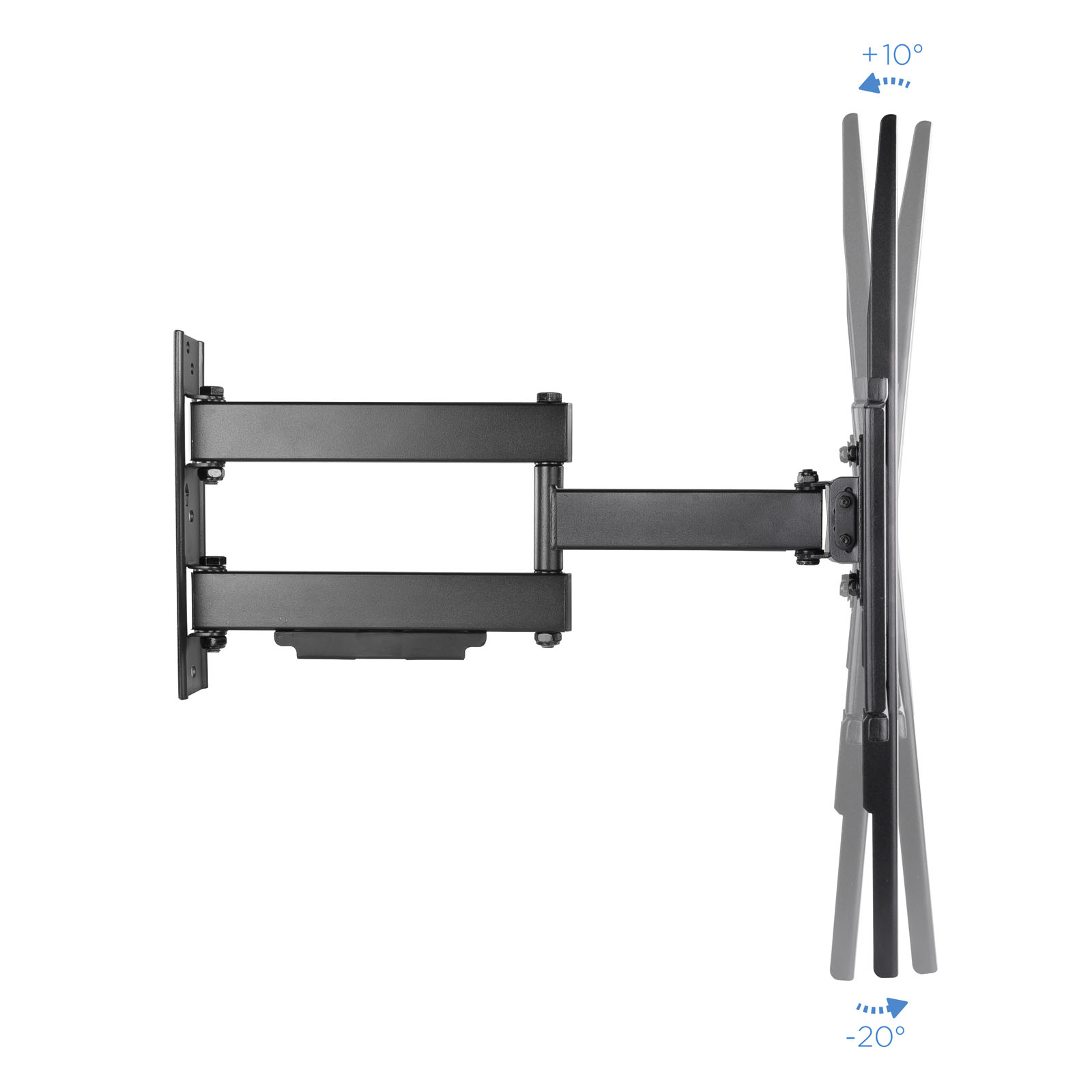 Un soporte de pared para TV articulado negro. Tiene múltiples articulaciones y puede inclinarse hasta +10° y hasta -20°.