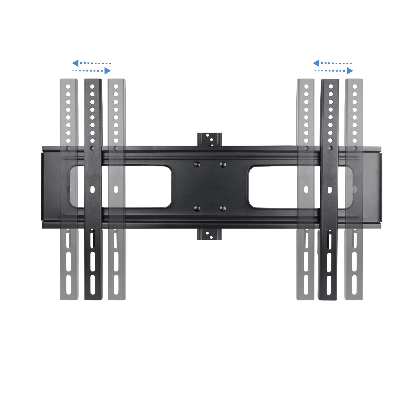 Soporte de pared para TV negro con brazos ajustables. Flechas indican movimiento. Fondo blanco.