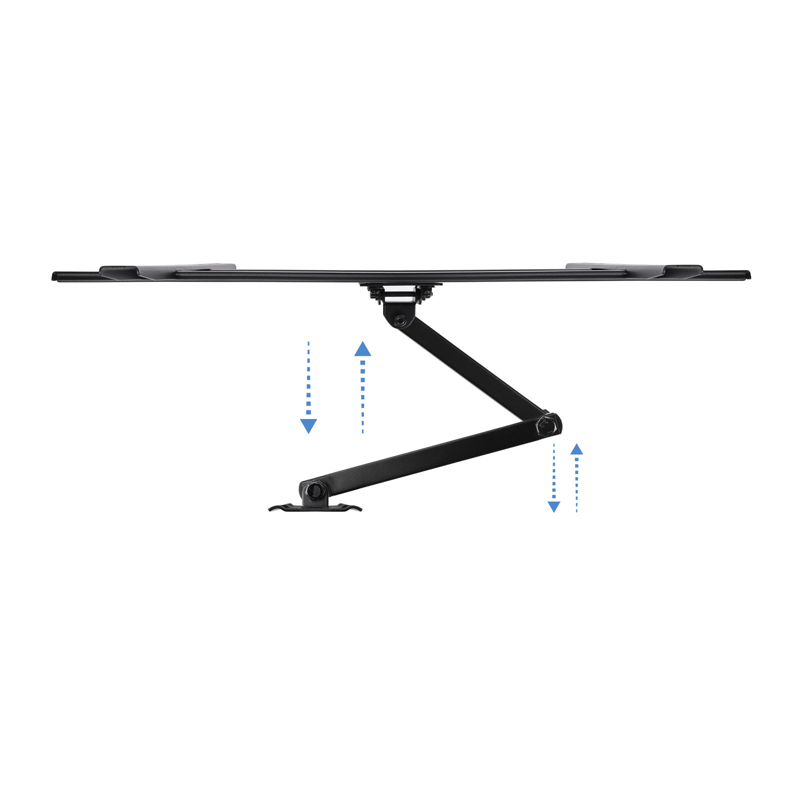 Un brazo de monitor negro y ajustable sobre un fondo blanco, con flechas hacia abajo que indican el ajuste.