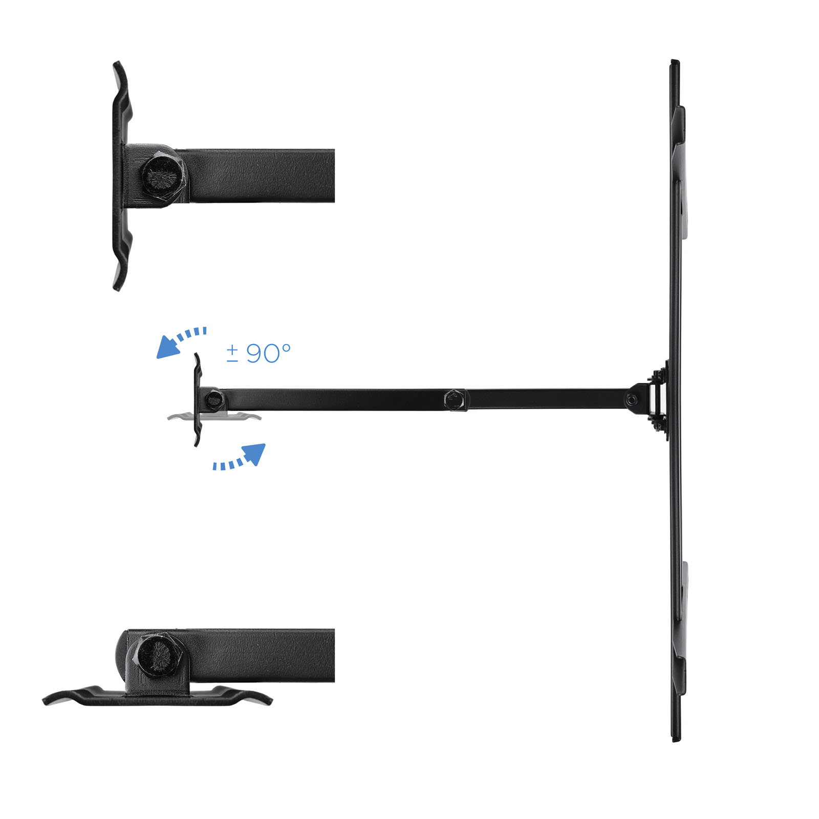 Soporte de pared negro para TV con múltiples partes, mostrando flechas de rotación. Aislado sobre fondo blanco.