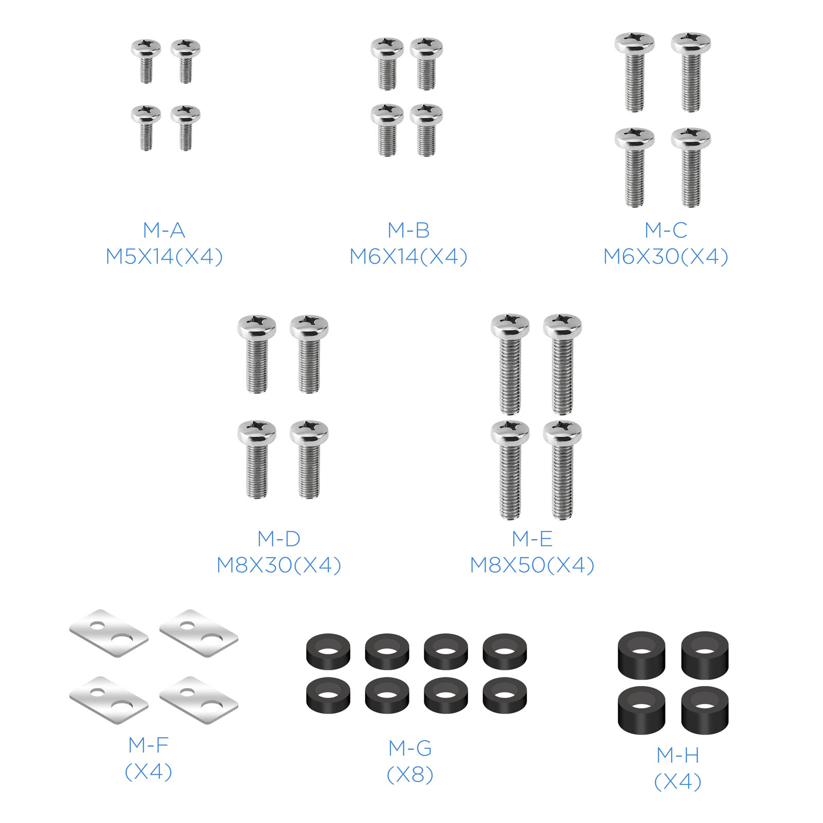 La imagen muestra varios tornillos, arandelas y espaciadores etiquetados de M-A a M-H. Se indica el tamaño y la cantidad de cada artículo.