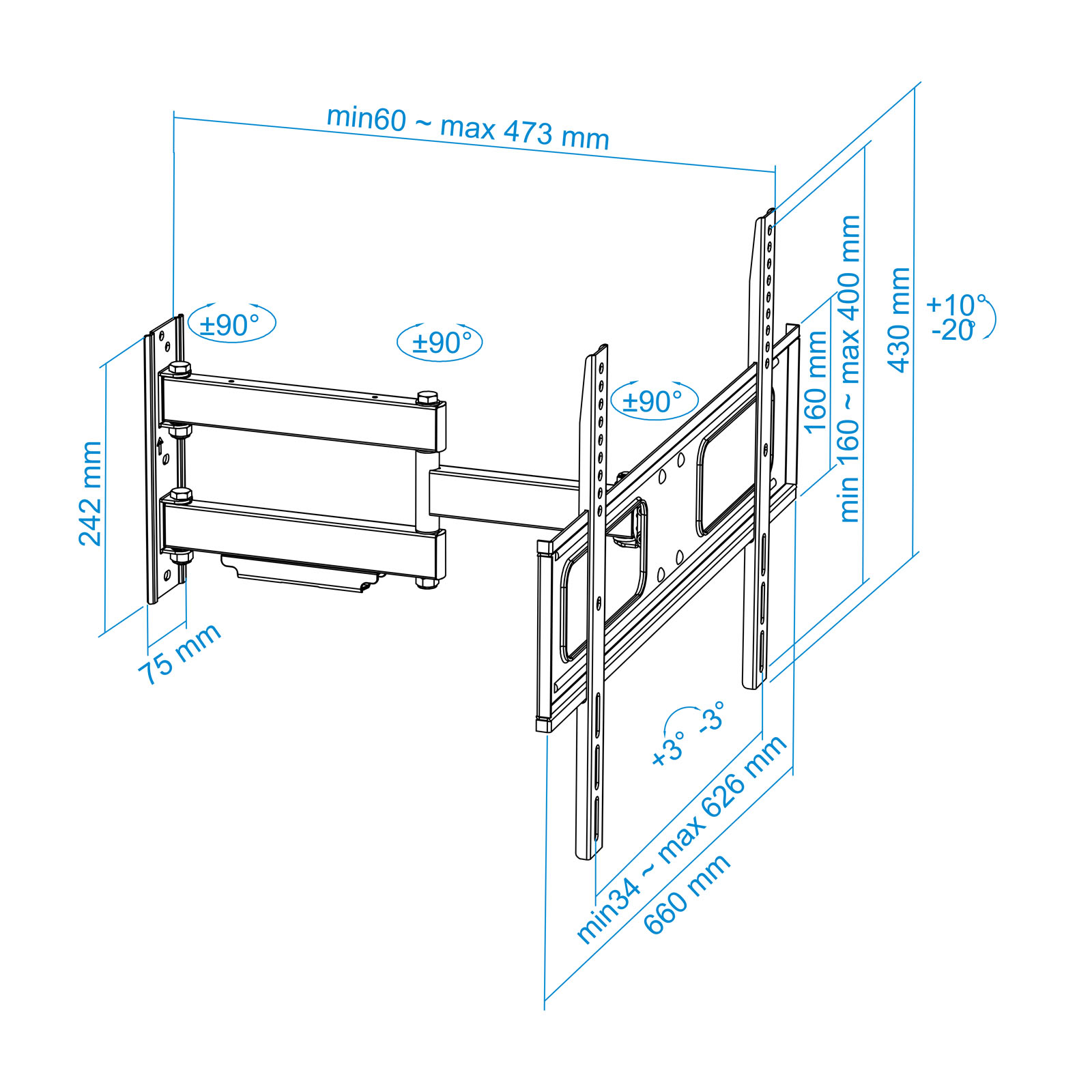 Diagrama de un soporte de TV con medidas. Muestra las dimensiones y ángulos del brazo ajustable y las placas de montaje.