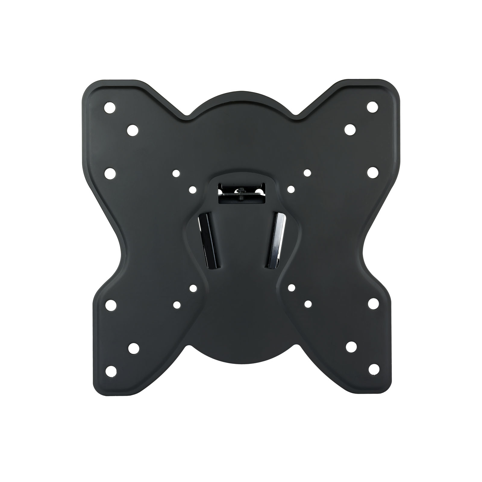 Soporte de TV metálico negro con múltiples agujeros para tornillos y dos soportes verticales. Fondo blanco.