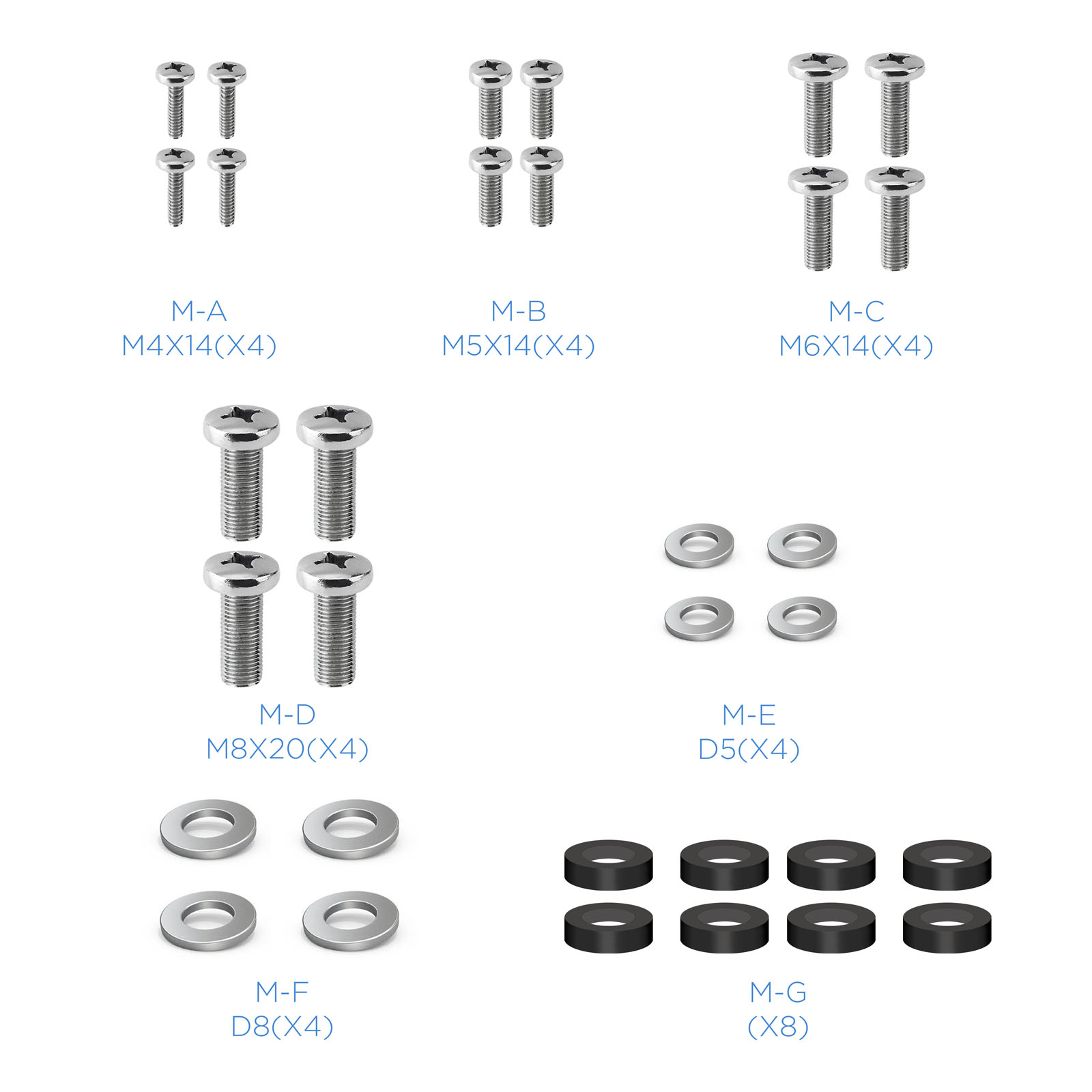 La imagen muestra varios tornillos, arandelas y anillos de goma. Las etiquetas indican tamaños y cantidades para el montaje.