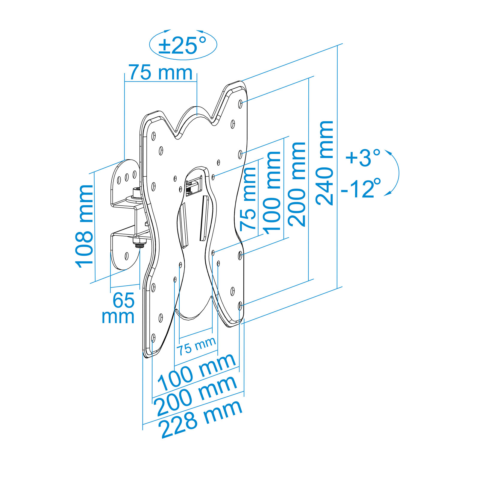 Diagrama de un soporte de pared con medidas en mm, ángulos y dimensiones. Incluye soportes y orificios de montaje.