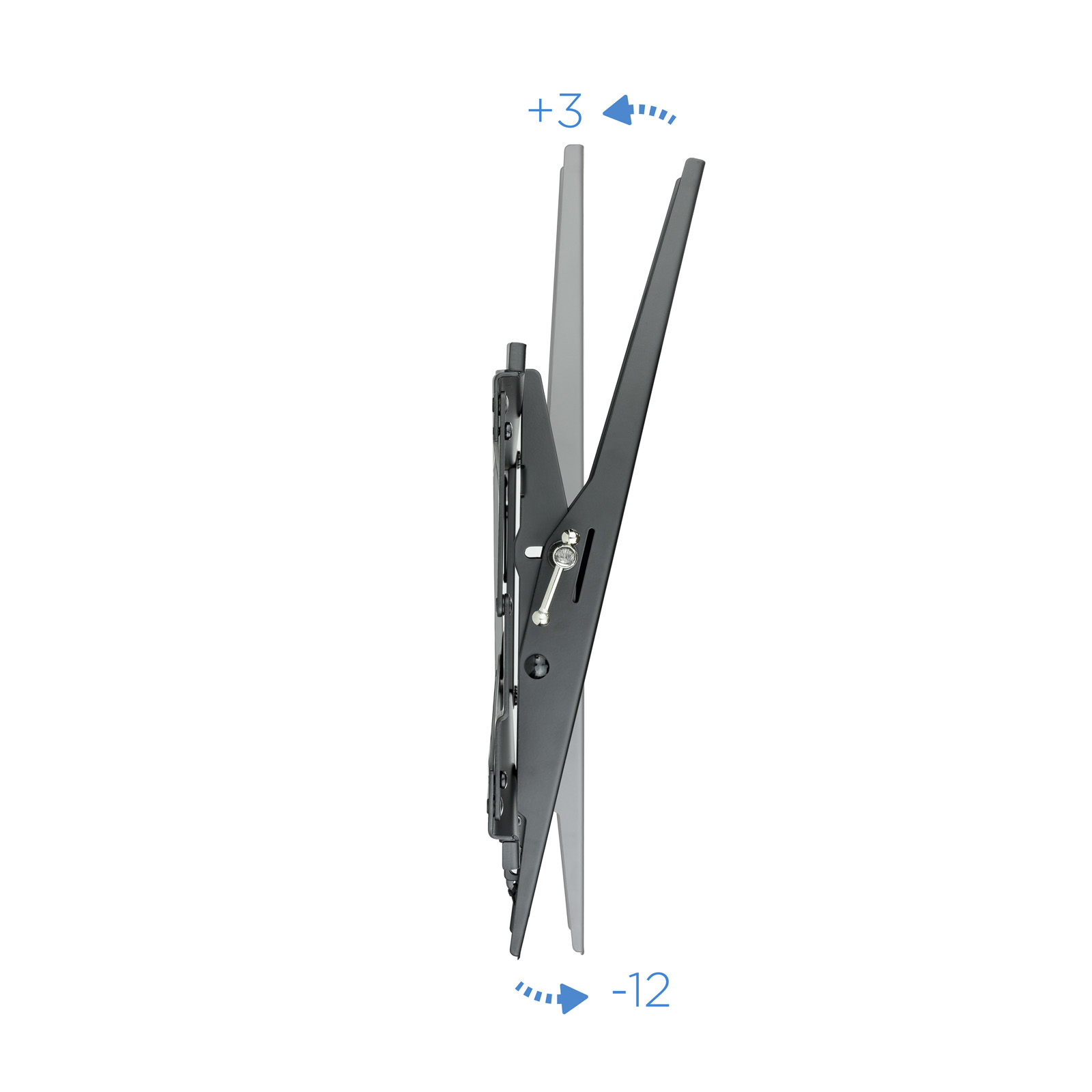 Un soporte de pared para TV negro, vista lateral, con un rango de inclinación de +3 y -12 grados, sobre fondo blanco.