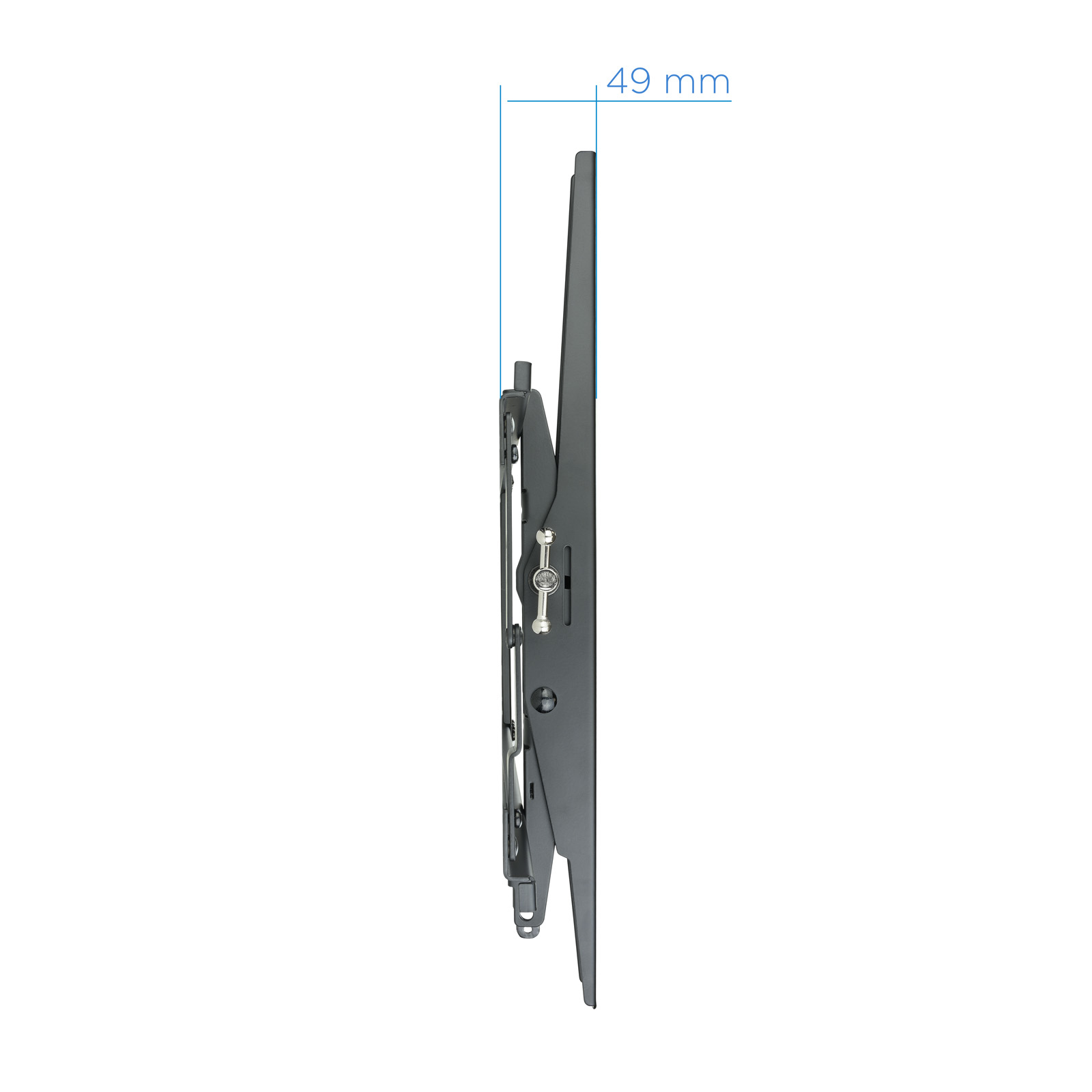 Vista lateral de un soporte de pared para TV negro. Una línea azul indica una medida de 49 mm.