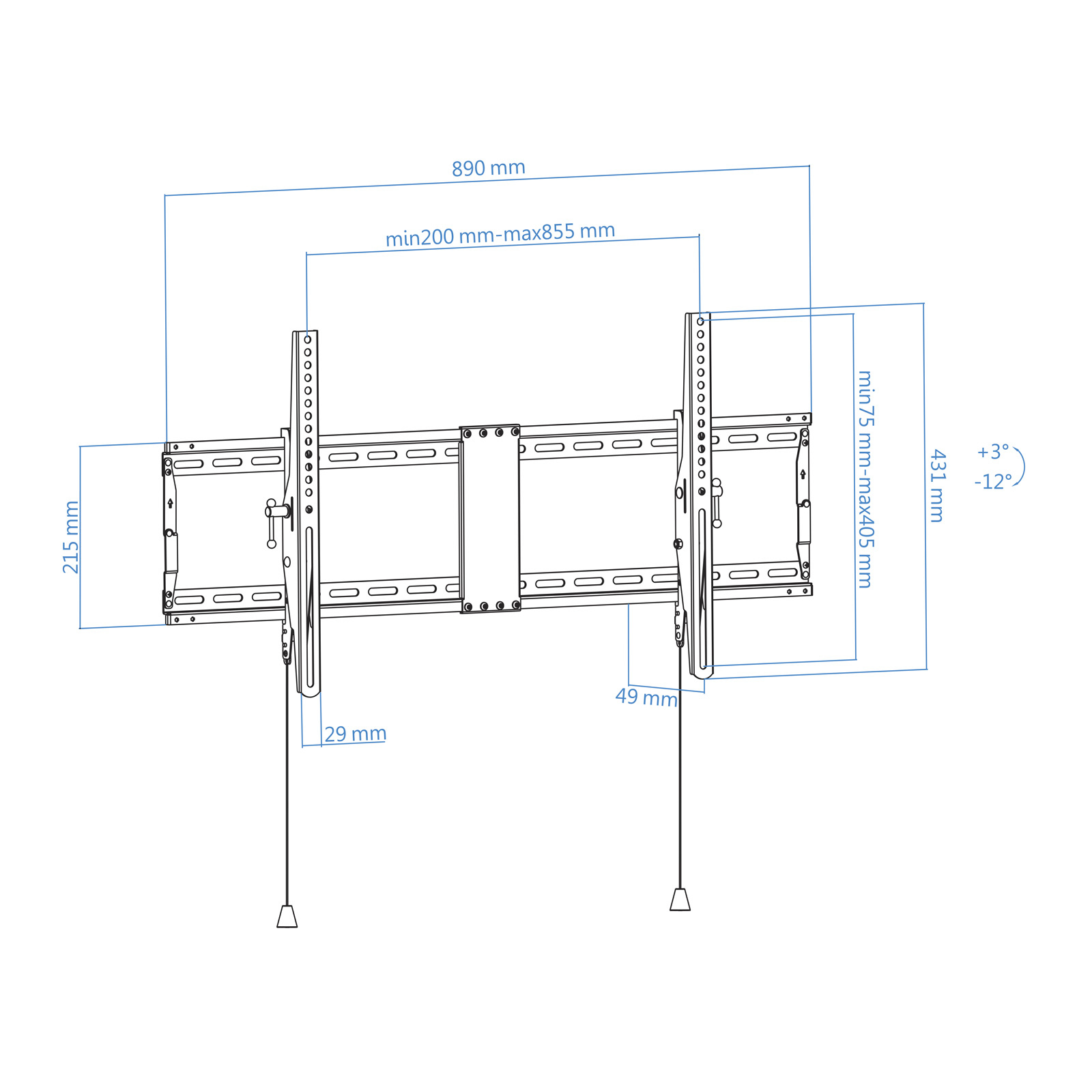 Diagrama de un soporte de TV con medidas. Las dimensiones etiquetadas incluyen 890 mm, min200-max855 mm, 215 mm, 431 mm, min75-max405 mm, 29 mm y 49 mm.
