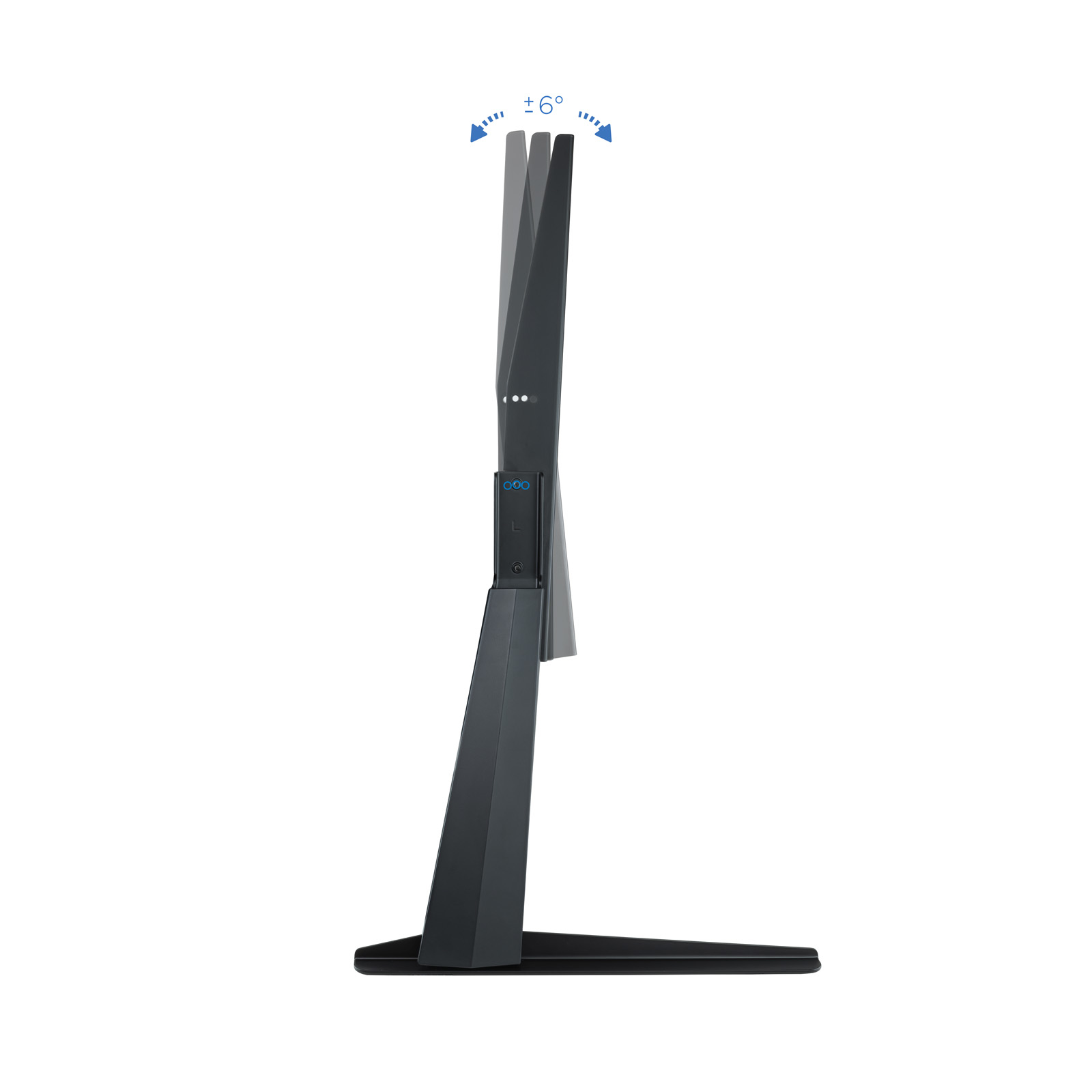 Ein dunkelgrauer Computermonitor auf weißem Hintergrund. Pfeile zeigen einen Neigungsbereich von 6 Grad an. Der Ständer ist schwarz.