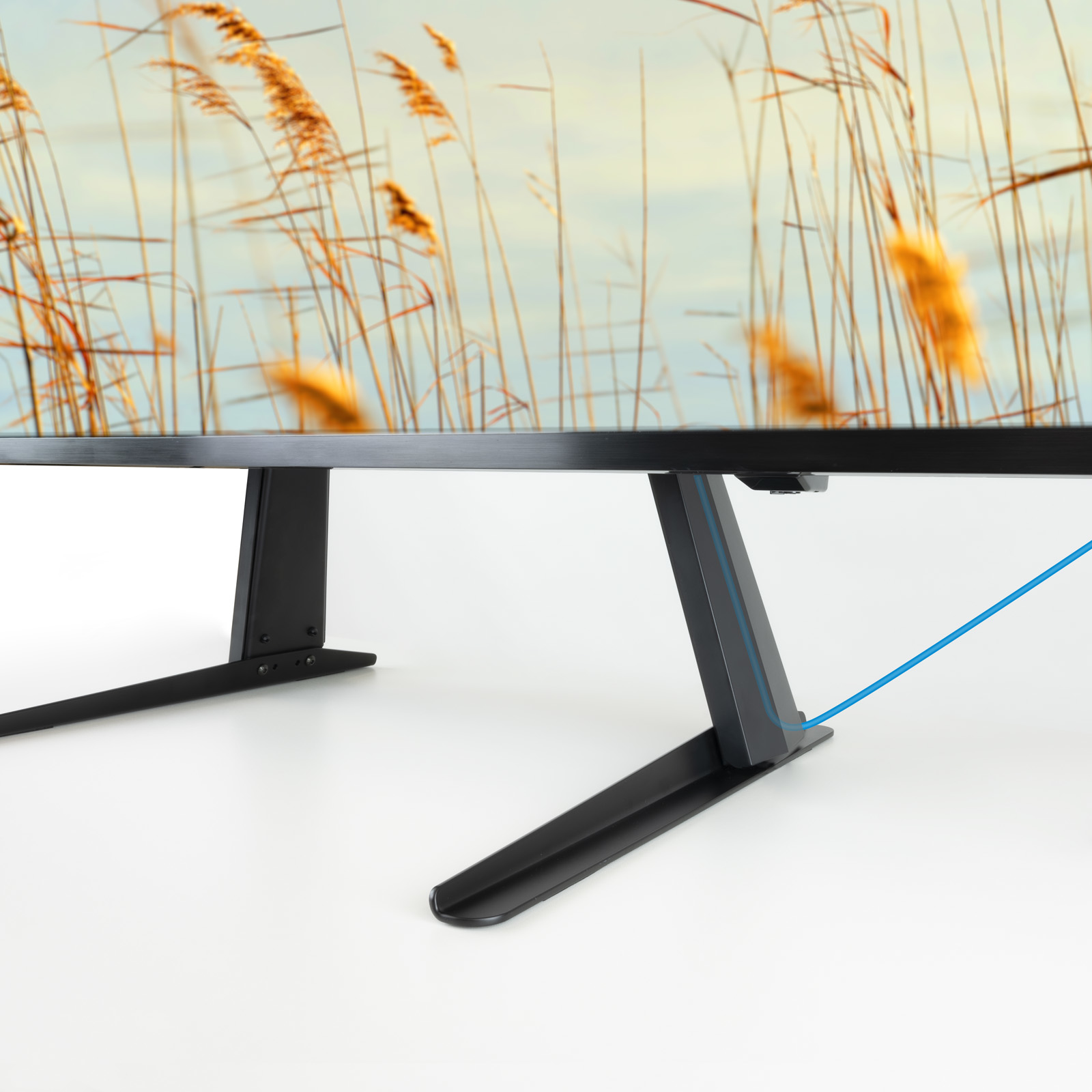 Ein Computermonitor mit einer Naturszene auf dem Bildschirm. Der Ständer ist schwarz und der Hintergrund ist weiß.
